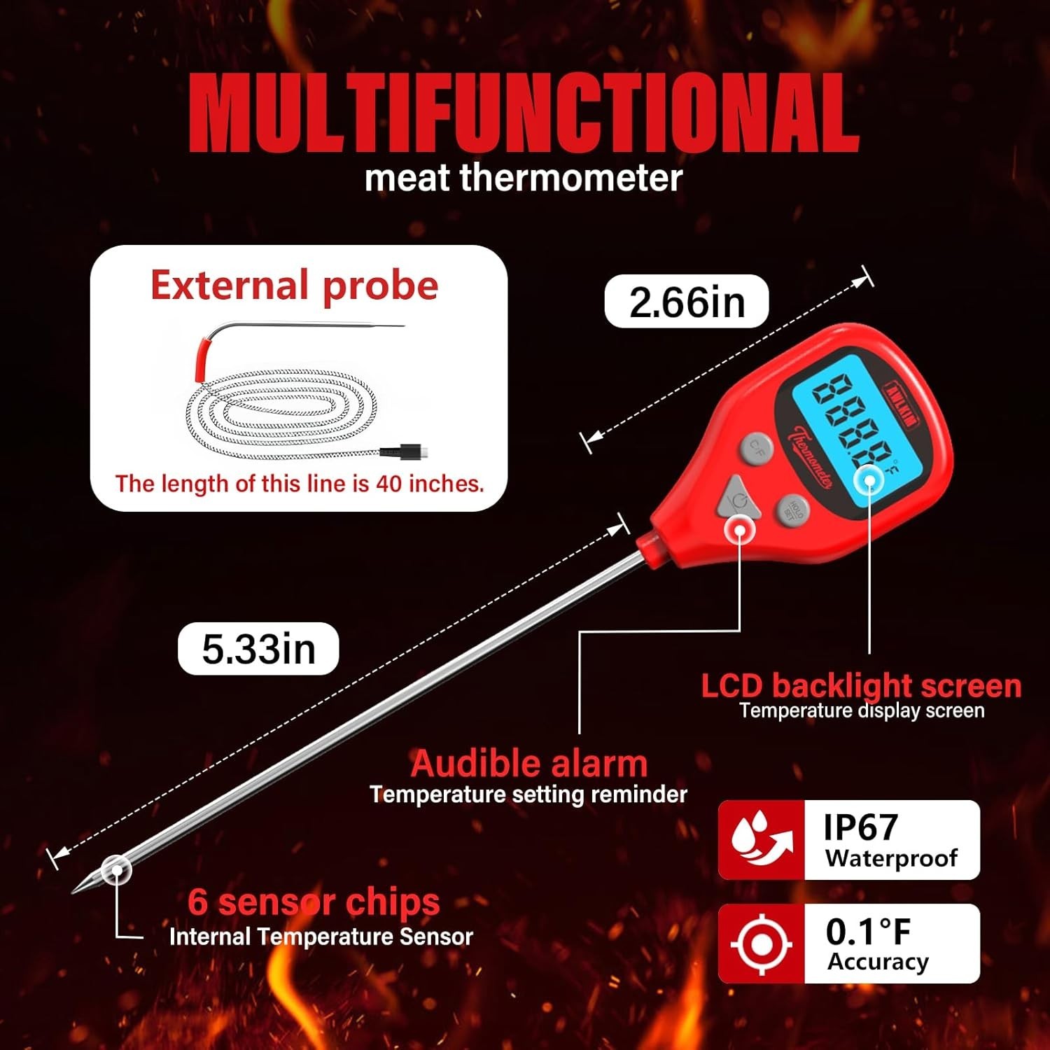 Rechargeable Digital Meat Thermometer with 3.3ft External Probe- Waterproof