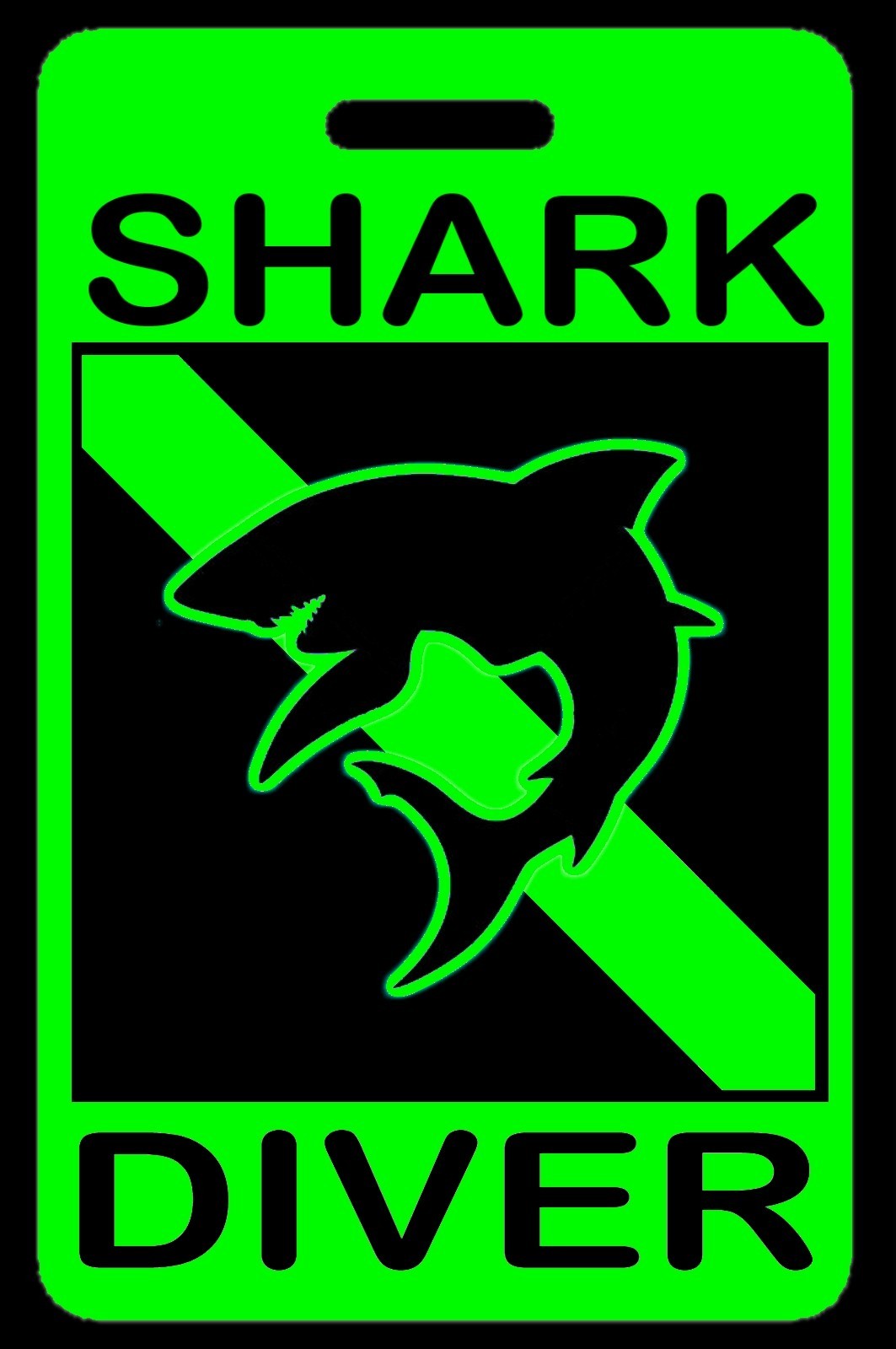 Hi-Viz Green Shark Diver w/ Silhouette SCUBA Diving Luggage/Gear Bag Tag - New