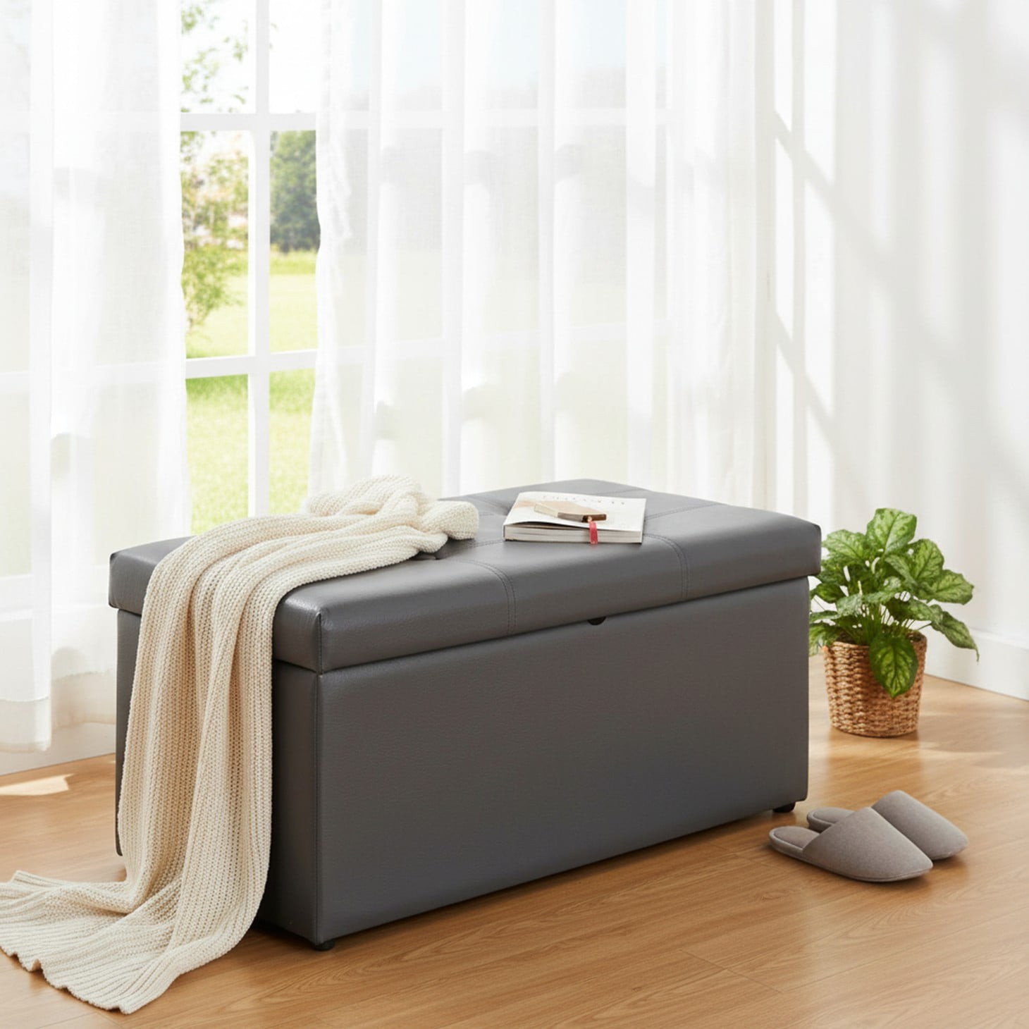 30" Storage Ottoman Bench, Foldable Footrest Stool with High Load Capacity