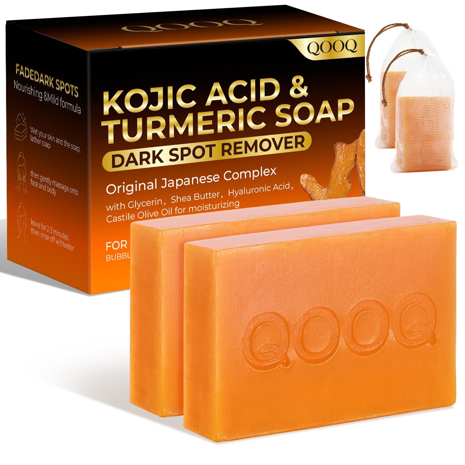 QOOQ Turmeric Kojic Acid Soap for Dark Spots Remover – Facial Cleansing Bar with