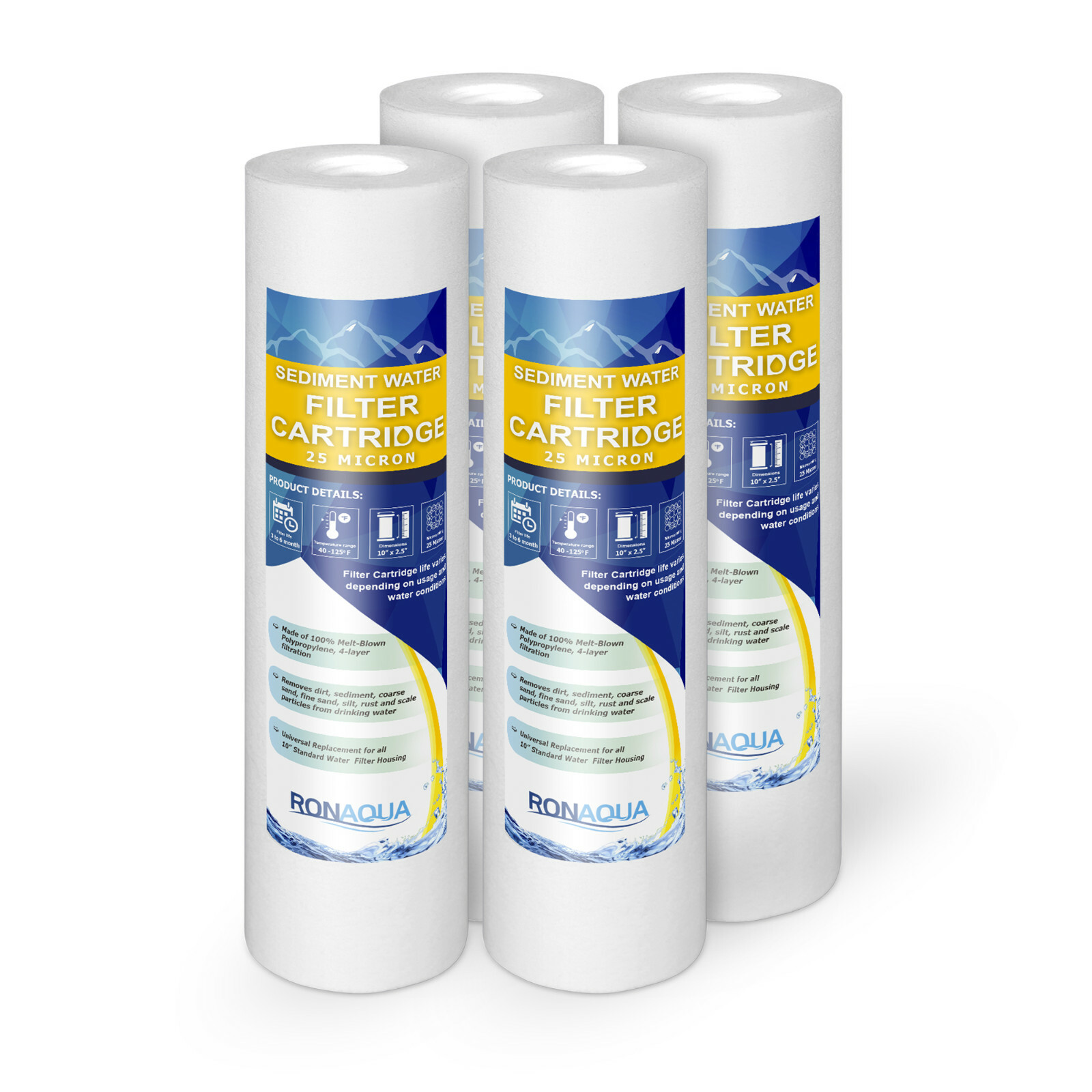 4  Sediment 25 Micron Water Filter Cartridges 2.5" x 10" for Reverse Osmosis