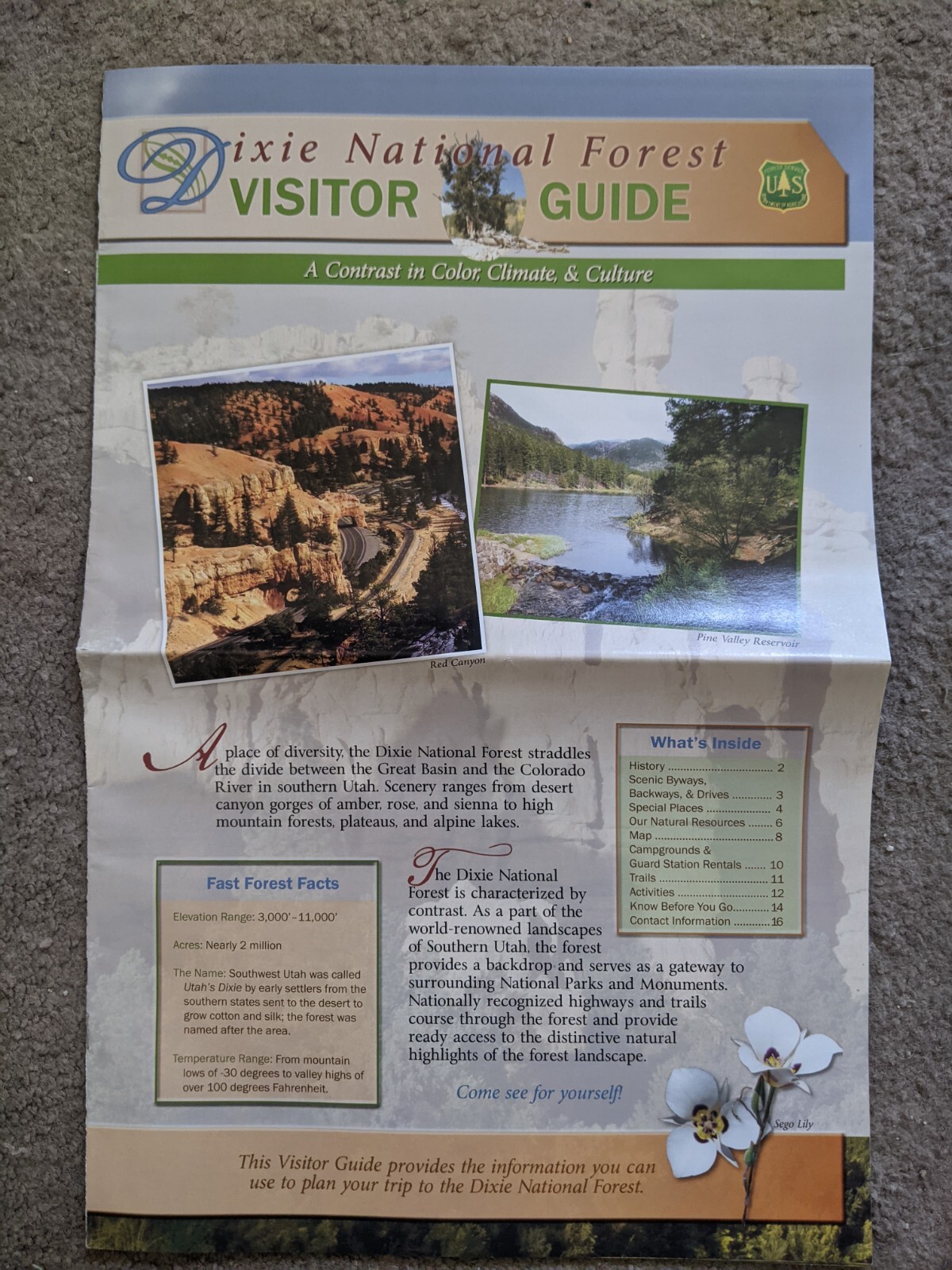 Dixie National Forest, Utah Visitor Guide, USDA 2015 EXCELLENT CONDITION