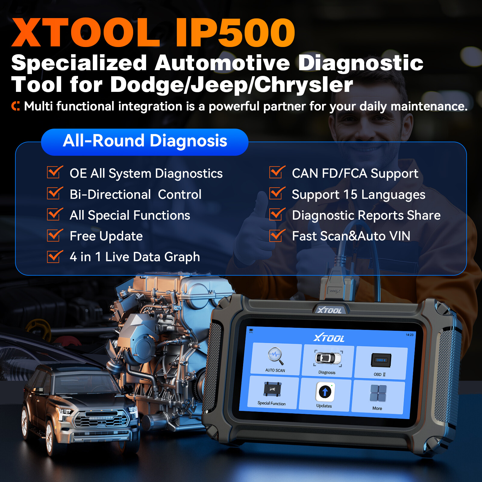 XTOOL IP500 All System Diagnostic Tool OBD2 Scanner For Chrysler, Dodge, Jeep