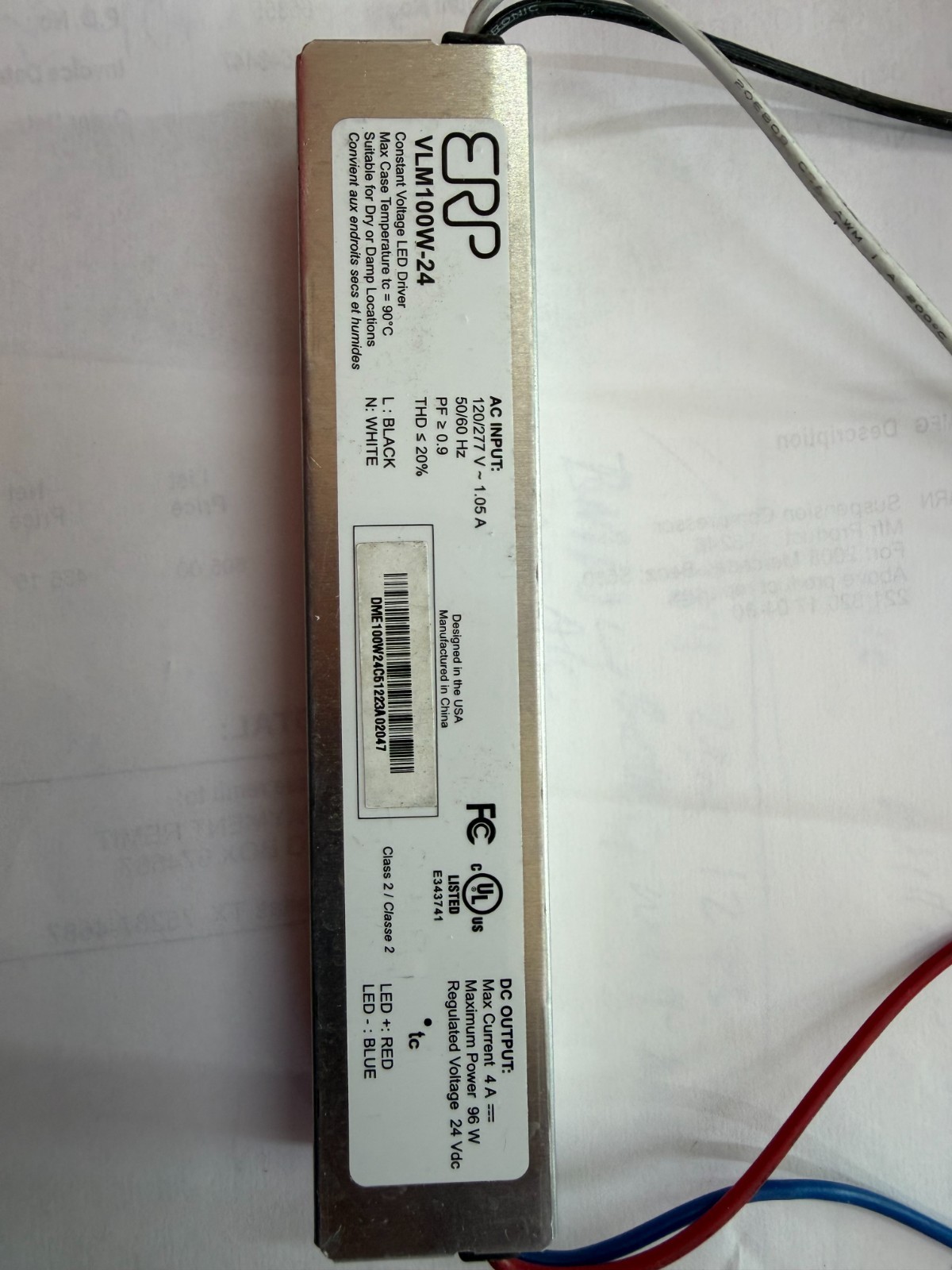 ERP VLM100W-24 CONSTANT DC VOLTAGE COMPACT LED DRIVER 24V 4A 96W UL CLASS P