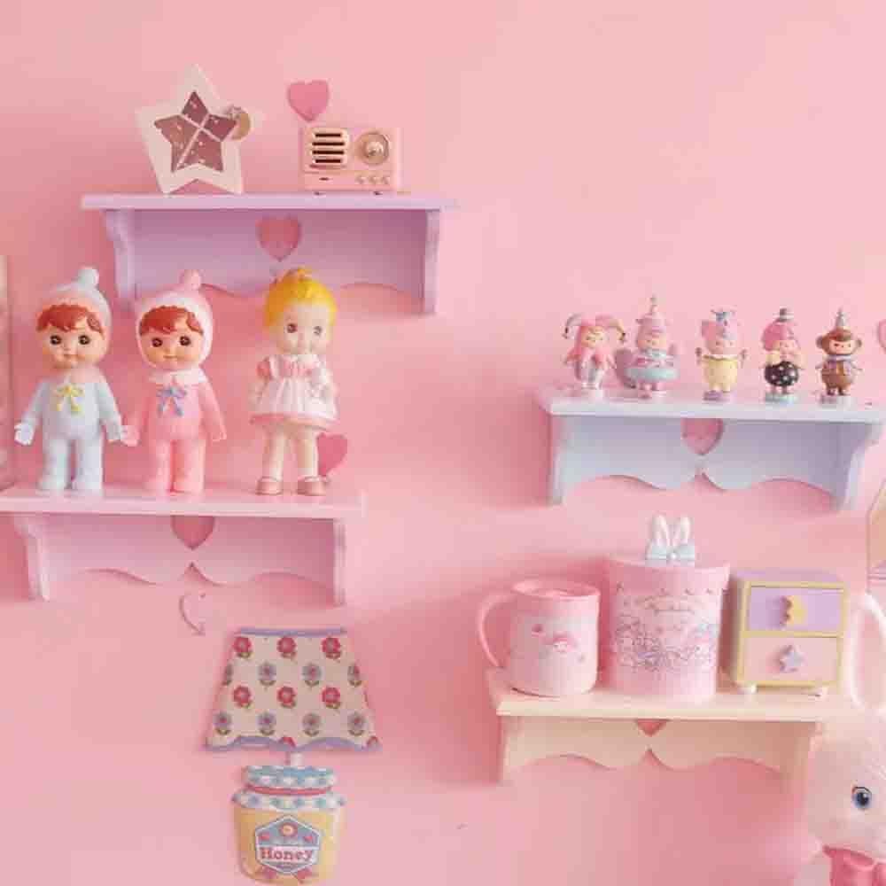 Kawaii Wood Floating Shelf - Pink & Blue Wall Decor for Kawaii Room