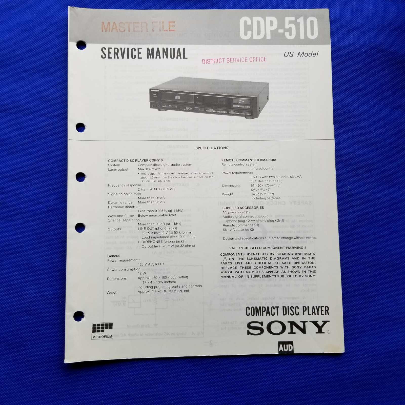 SONY CDP-510 Service Manual Original Paper OEM Repair Guide - USA
