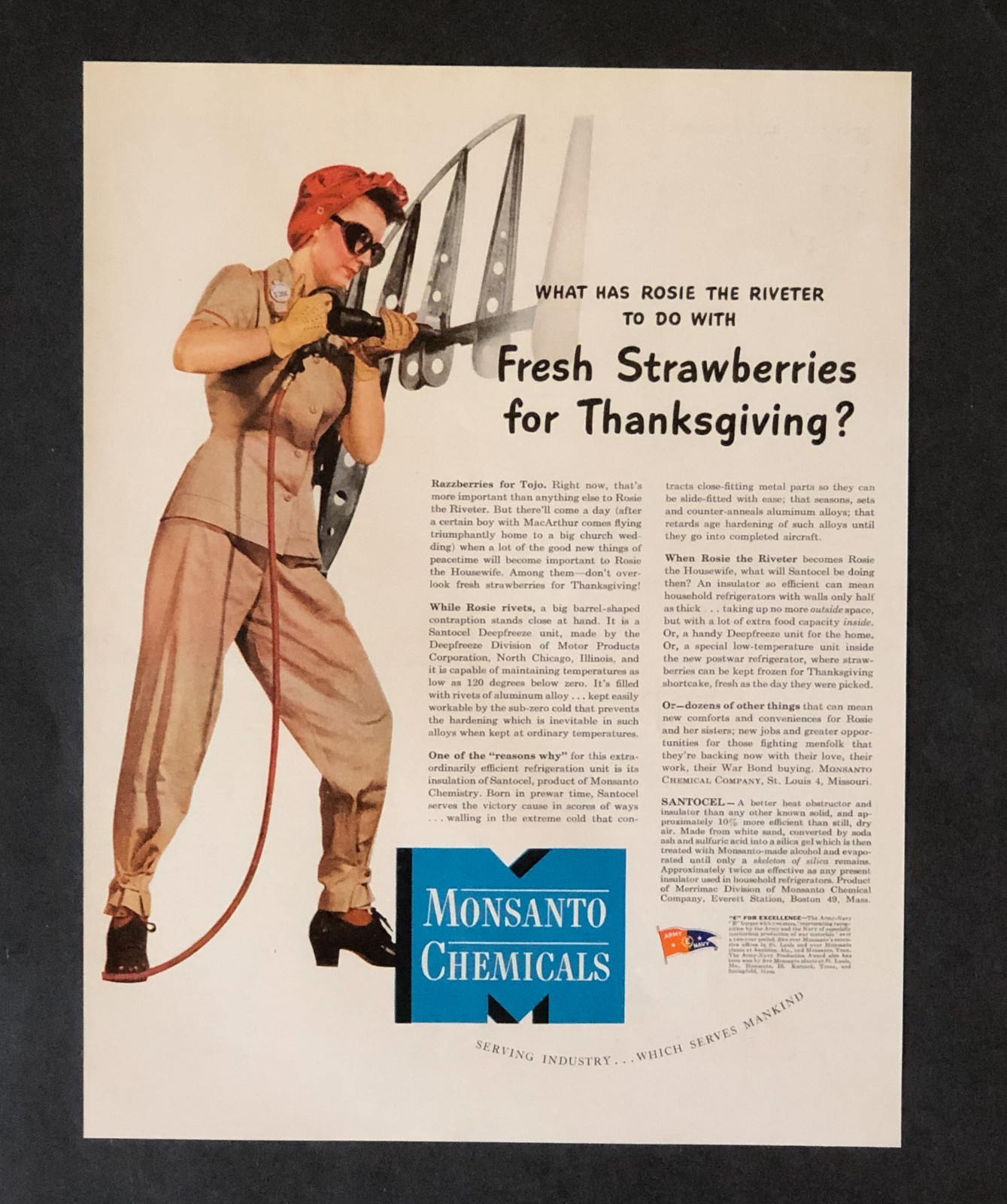 1943 Monsanto Chemicals WW II Advertisement Rosie the Riveter Woman Vtg Print AD