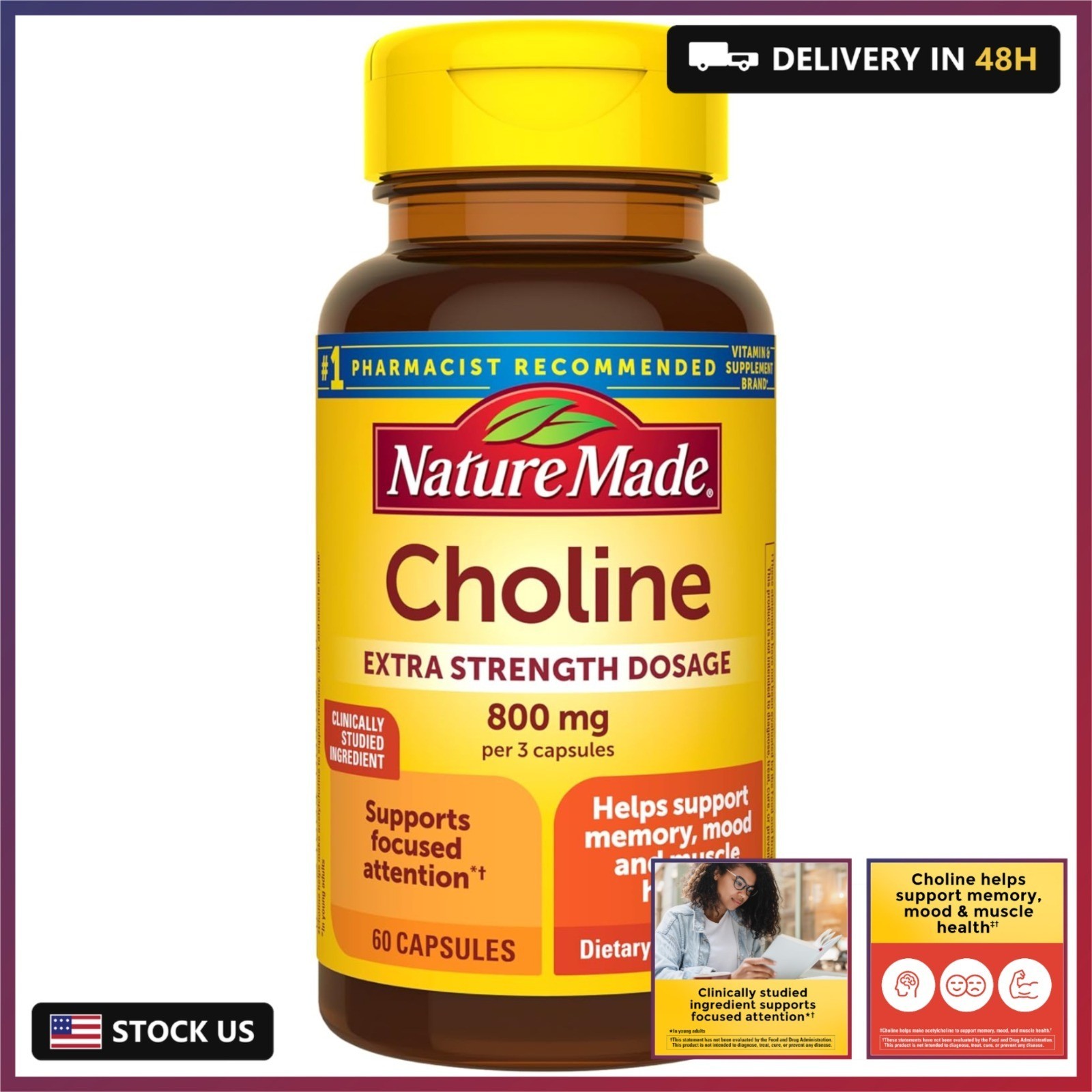 Nature Made Extra Strength Dosage Choline Supplements 800 Mg Per 3 Capsules, Bra
