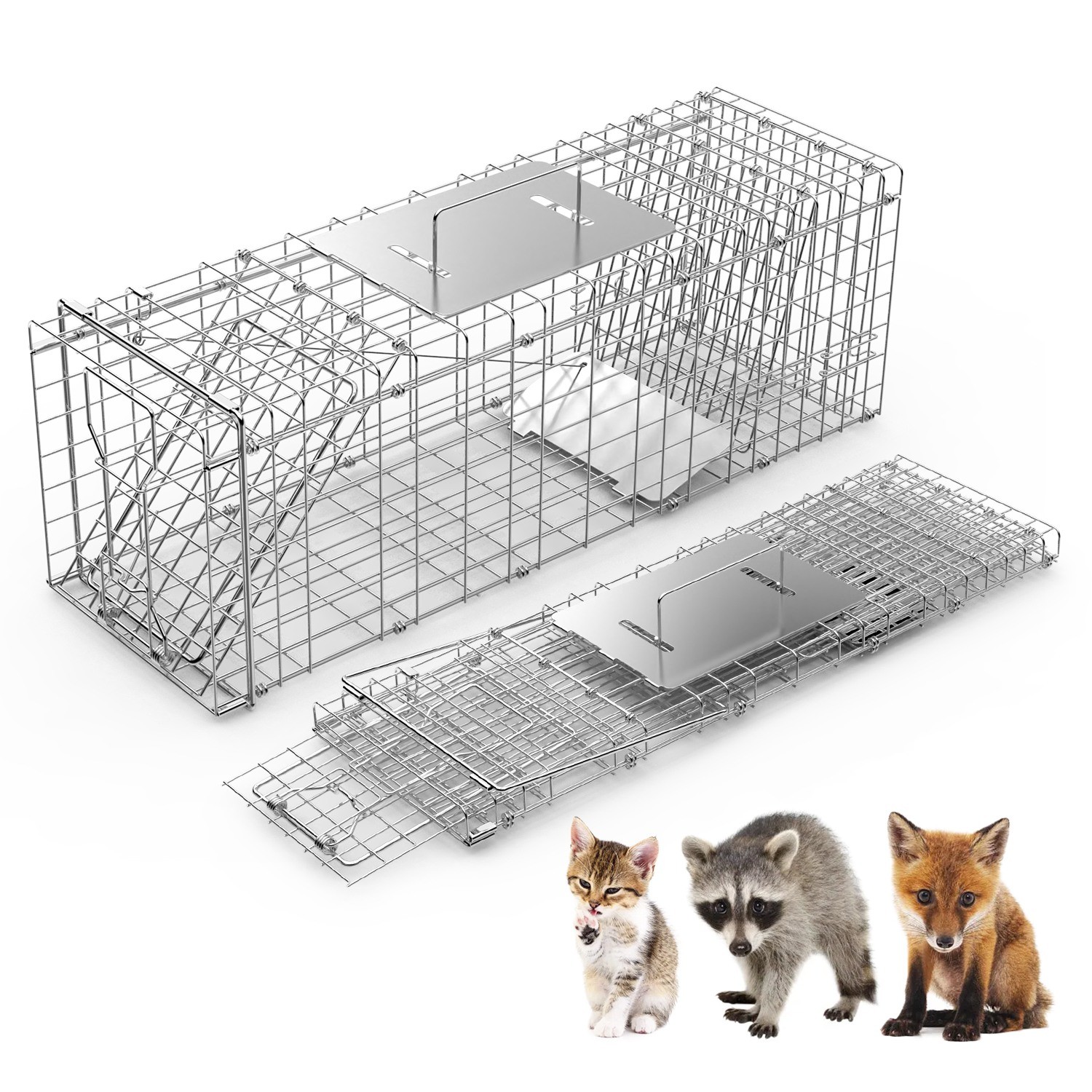 Heavy Duty Folding Live Animal Trap Cage With Waterproof Cover For Stray Raccoon