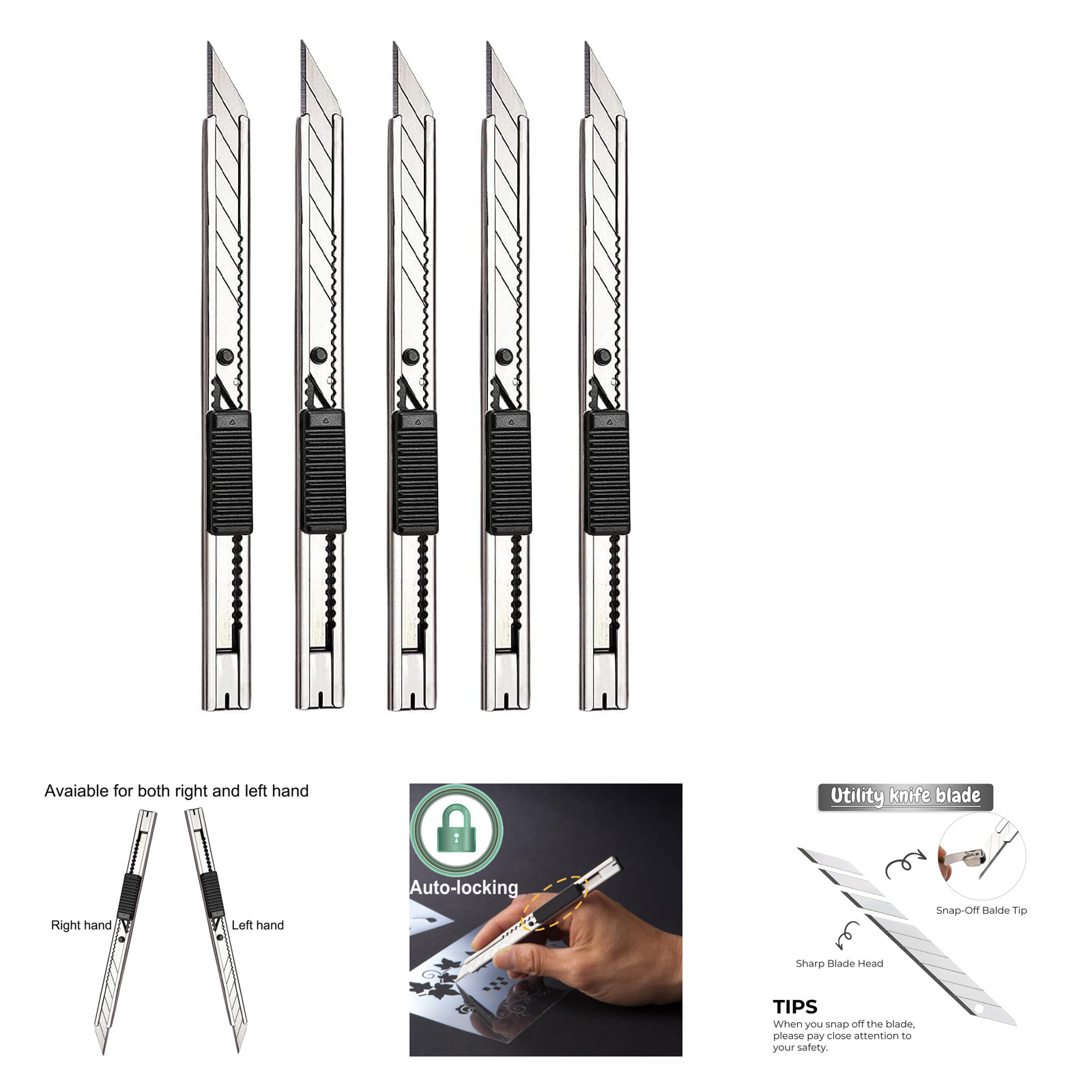 5pcs Stainless Steel Utility Knives with Lockable Blades 9mm Snap Off Blades for