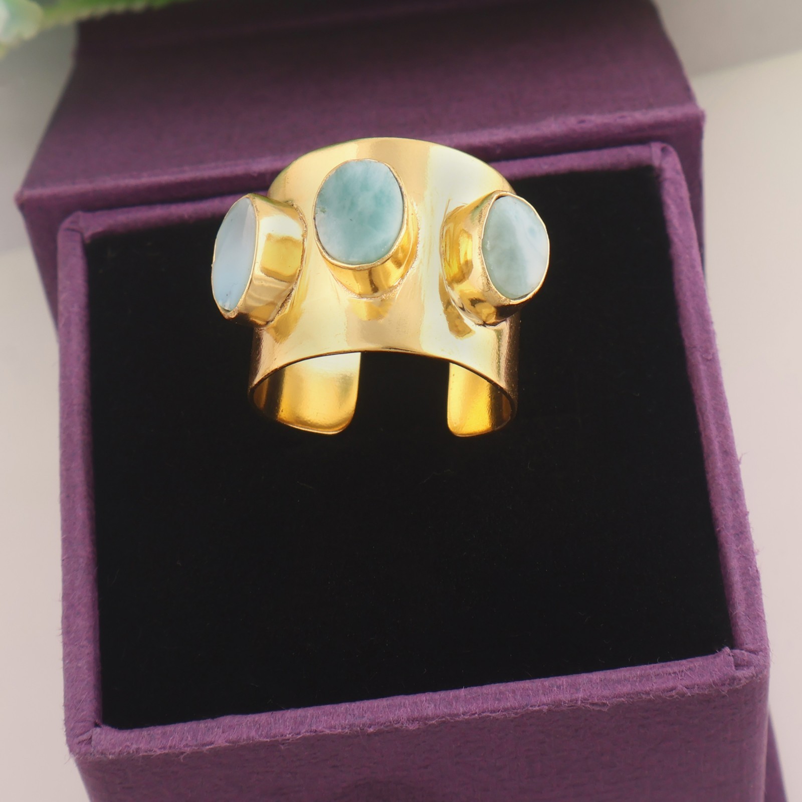 Natural Larimar Ring 18k Gold Plated Brass Three Stone Adjustable Cuff Jewelry