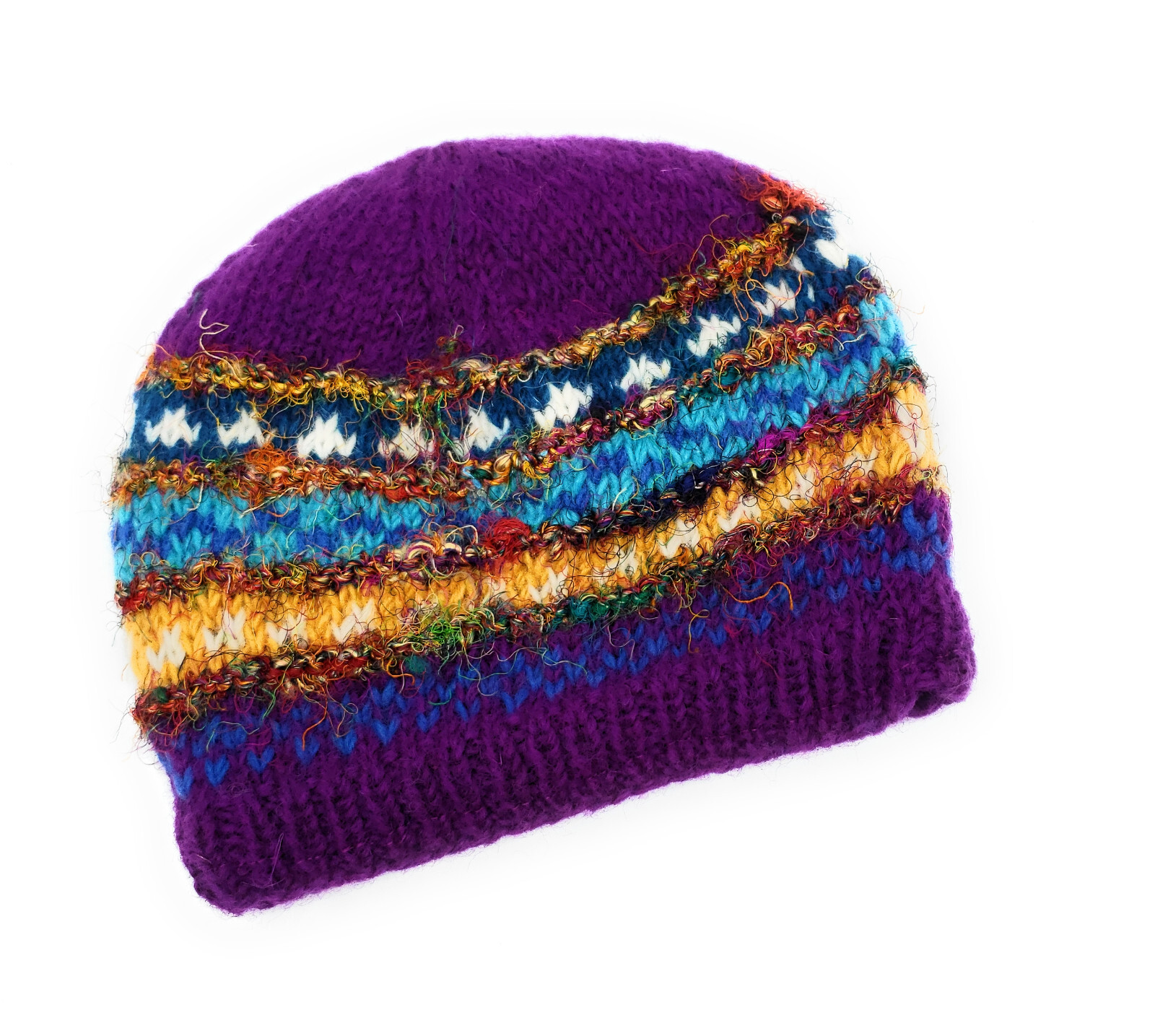 Hand Knit Wool & Recycled Silk Beanie Hat Fleece Lined Made in Nepal