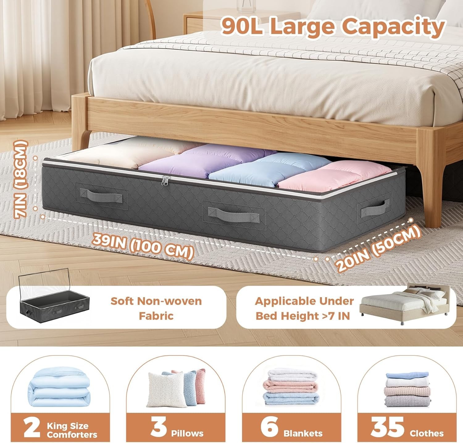 90L Under Bed Storage Containers, 4 Pack Closet Organizers Grey | Foldable un...