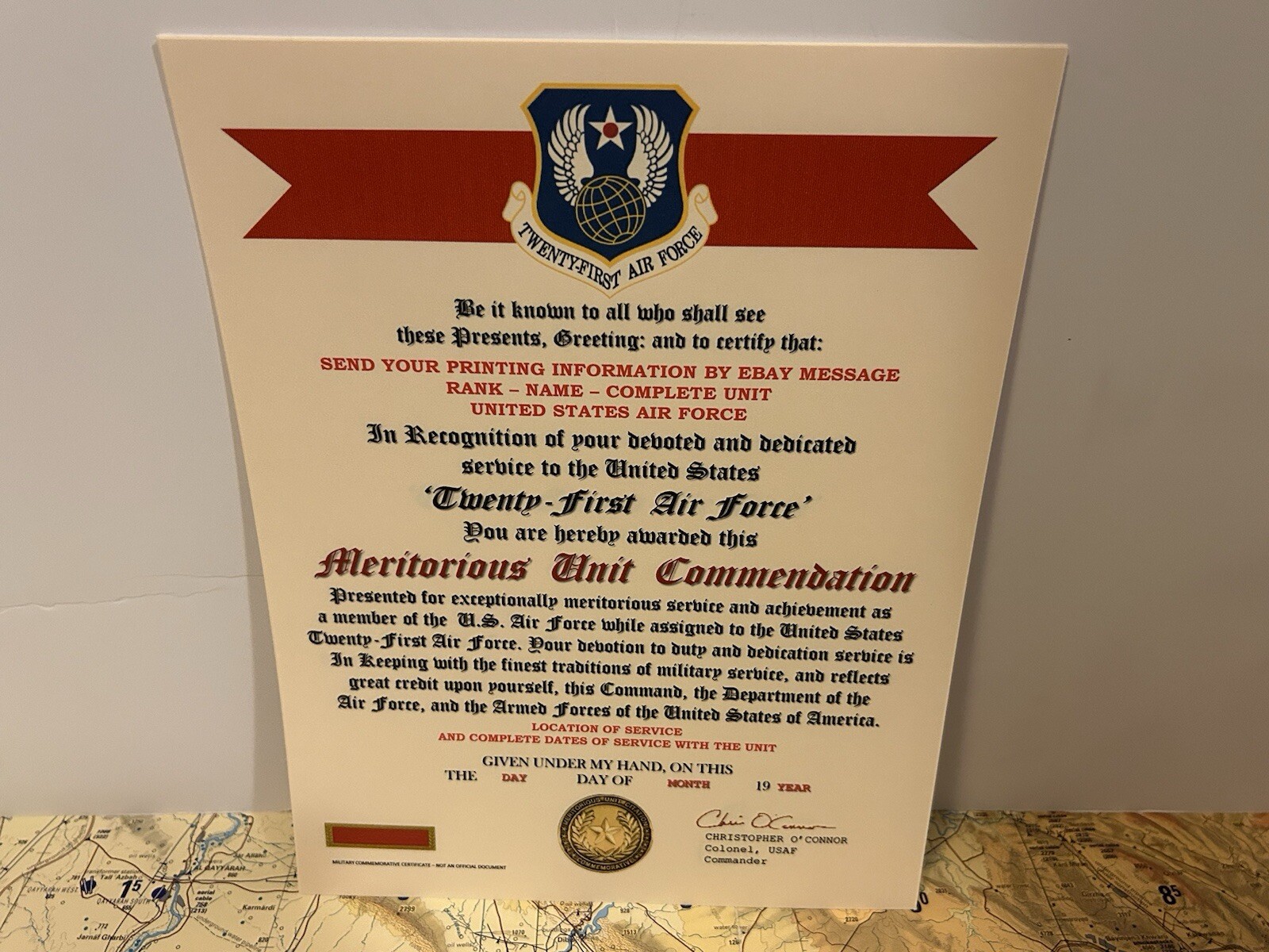 U.S. AIR FORCE / 21ST AIR FORCE - MERITORIOUS UNIT COMMENDATION CERTIFICATE