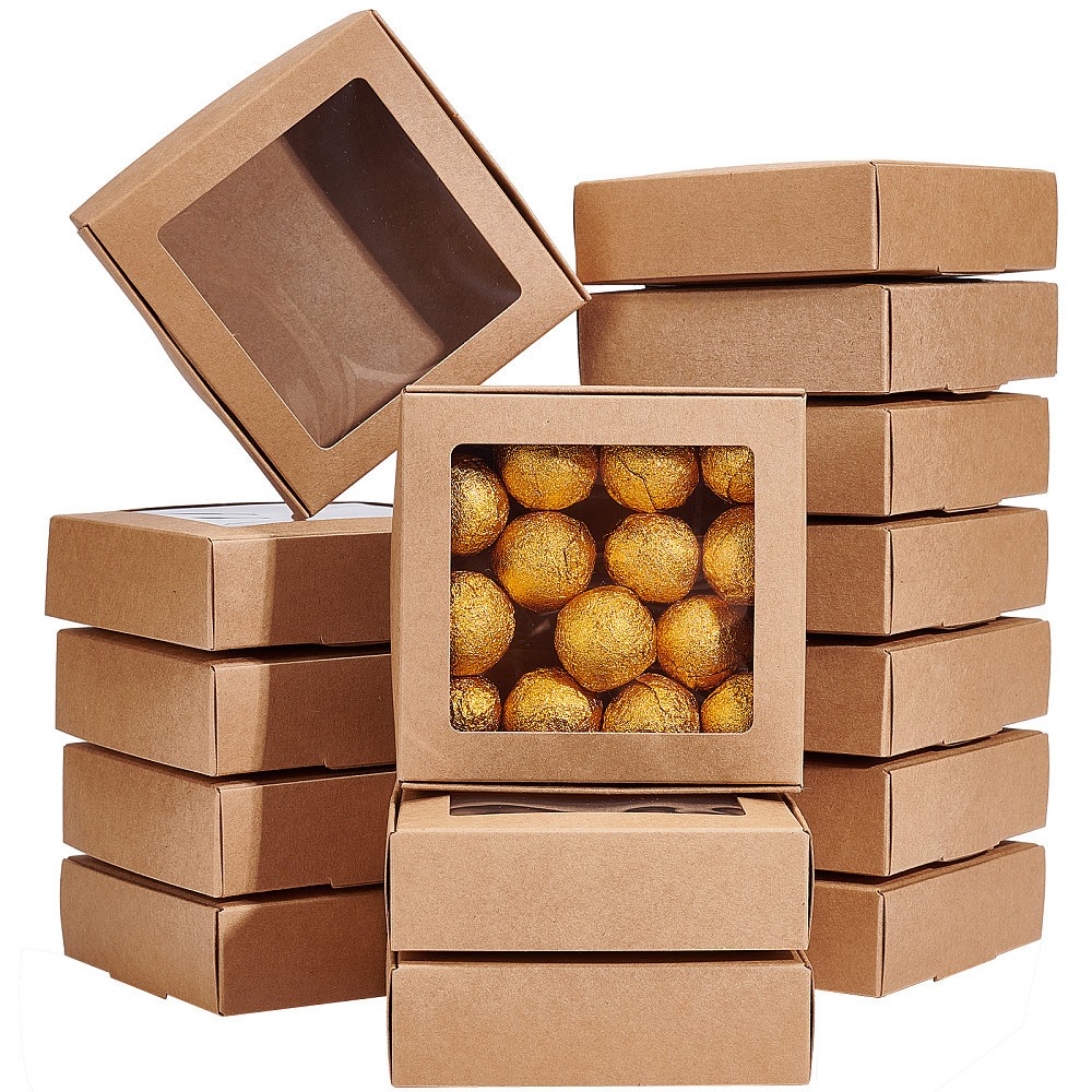 16pcs Square Foldable Creative Cardboard box Gift box with Window BurlyWood