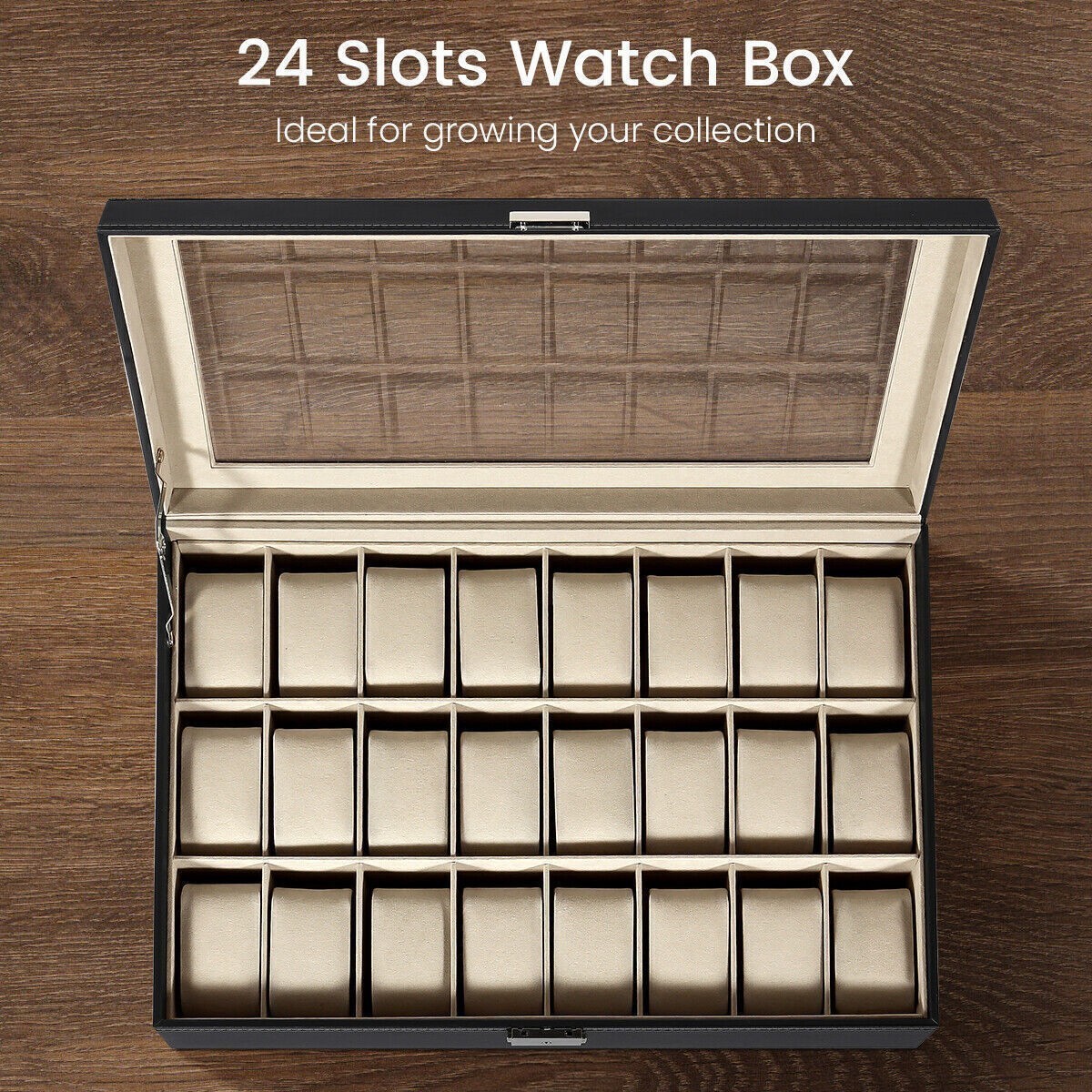 24 Slots Watch Box PU Leather Watch Case Organizer Watch Display Case Lockable A