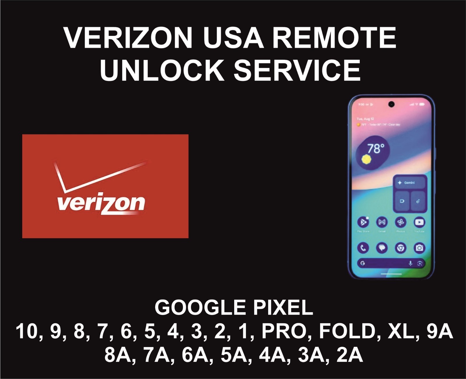 Pixel Verizon USA Permanent Unlock, 10, Pro, XL, Fold, 9A, 9 Pro, 8 Pro, 8A, 7