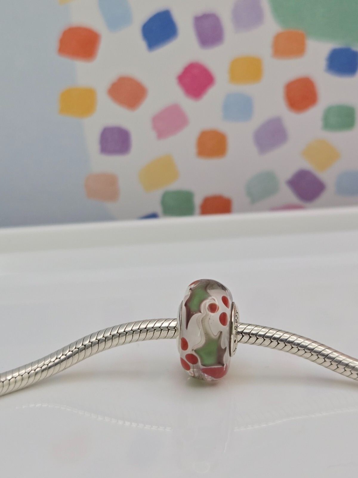 Authentic Pandora Holly Christmas Murano Glass silver moment Charm