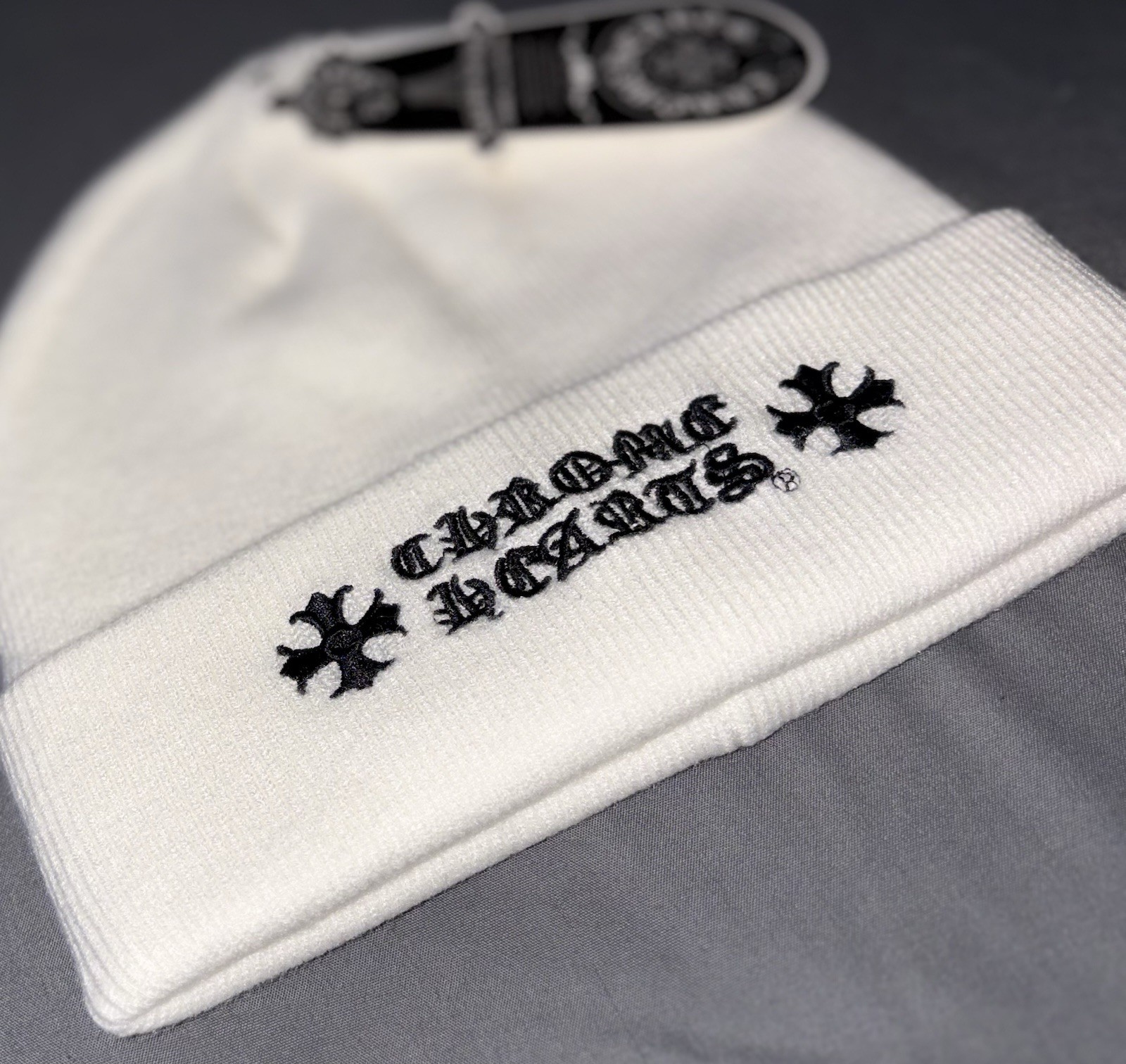 Designer White Knit Beanie with Black Logo