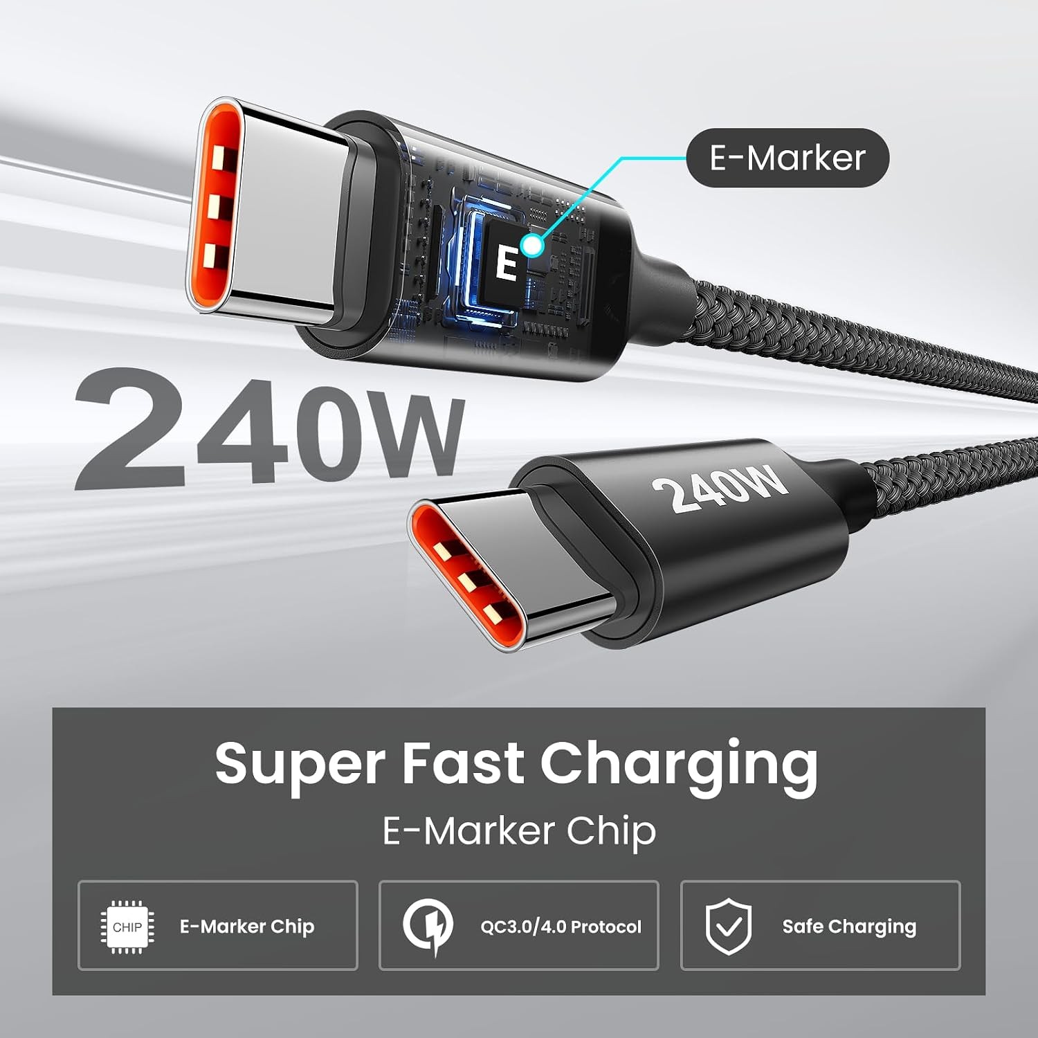 240W USB C to USB C Cable 10ft, 2-Pack C to C Cable Fast Charging, Type C