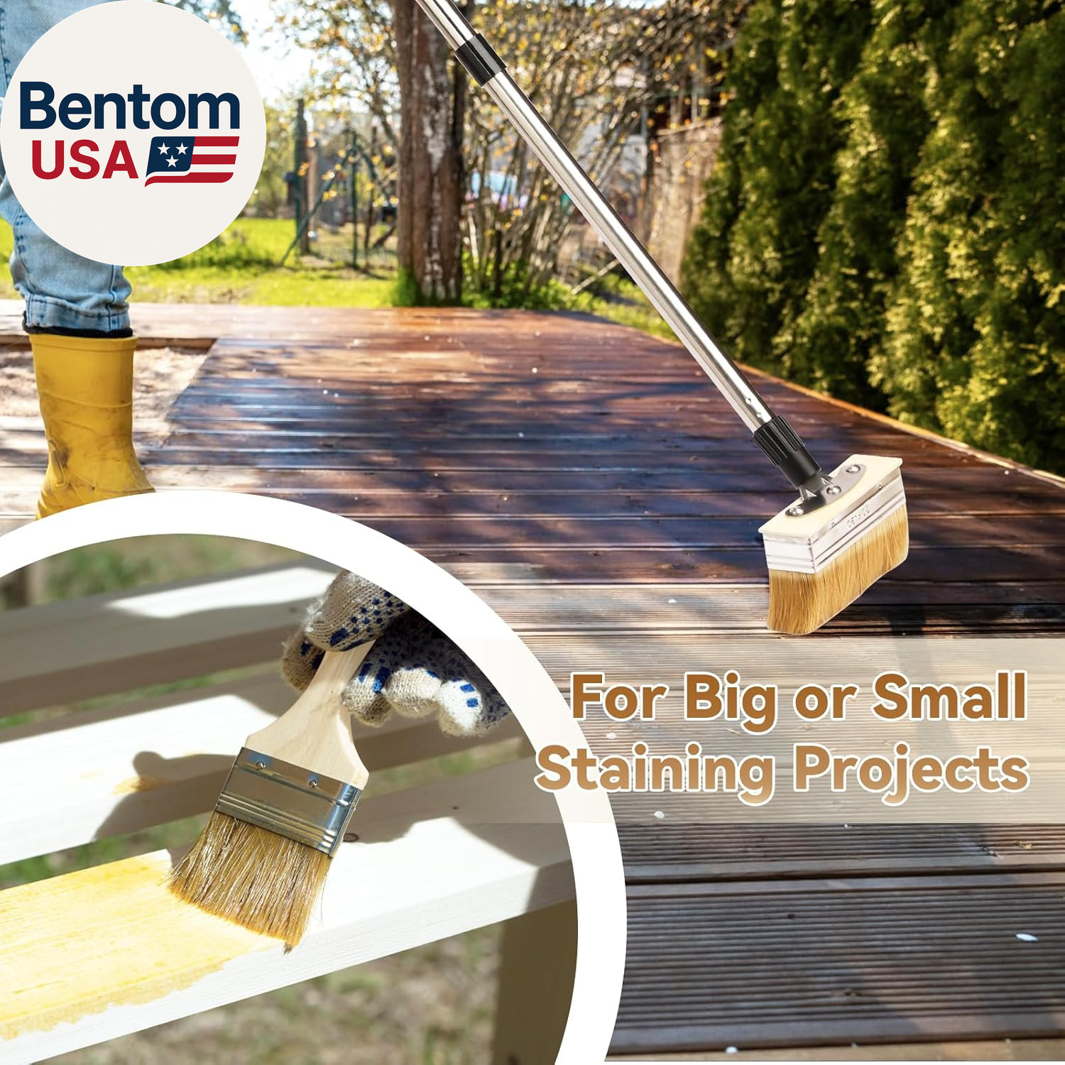 Deck Stain Brush with Long Handle, 60" Extension Pole Deck Stain Applicator, 7"