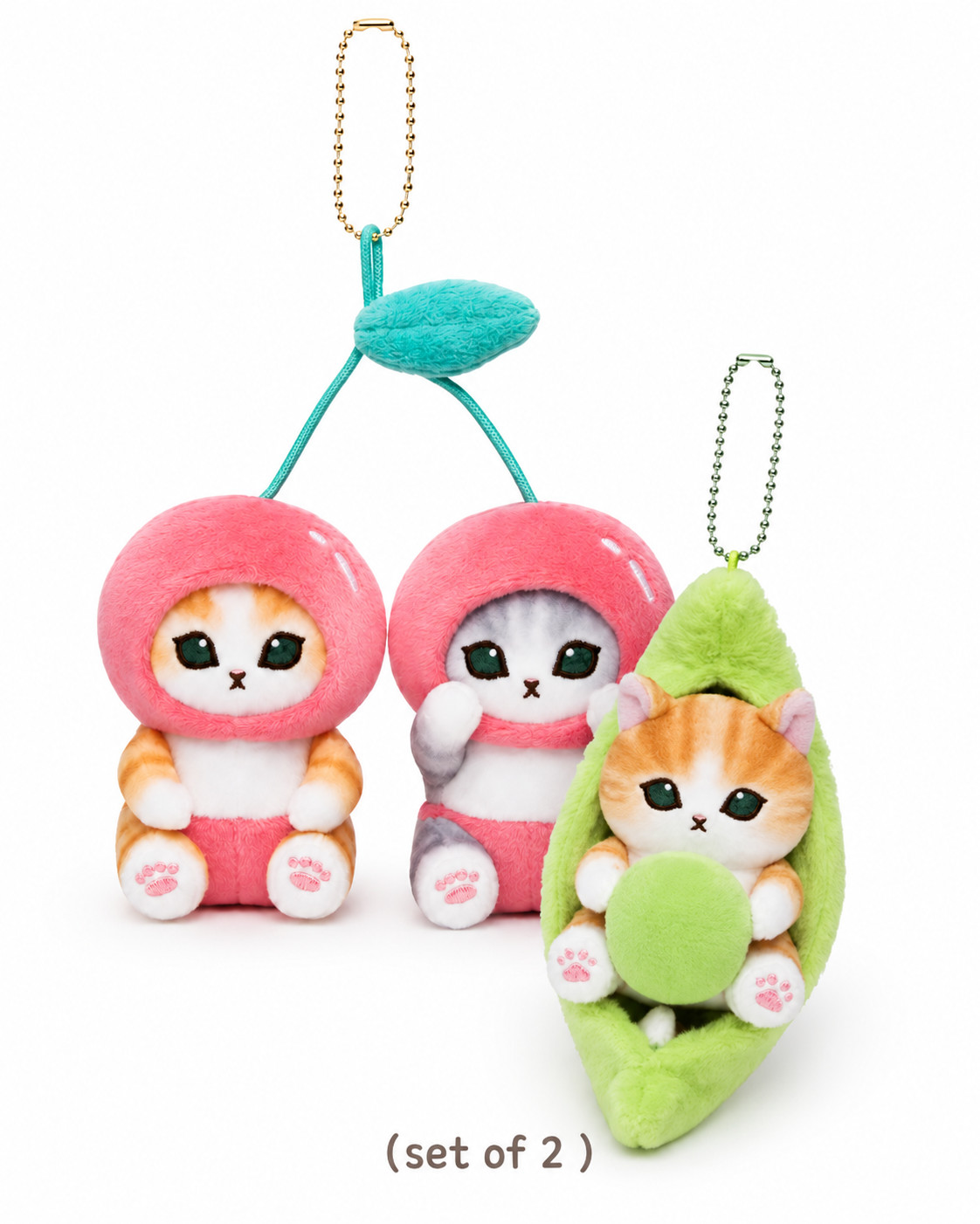 (Set of 2) Cute Best Friend Green Pea Mofusand Cat Plush Keychain Bag Key Charm
