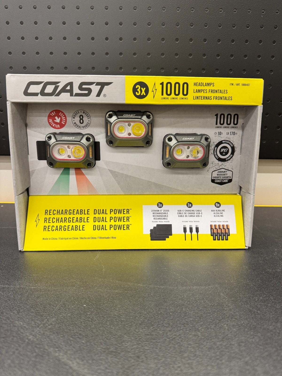 Coast CH1000R 1000-Lumen Headlamp 3-Pack – Rechargeable Dual Power IPX7
