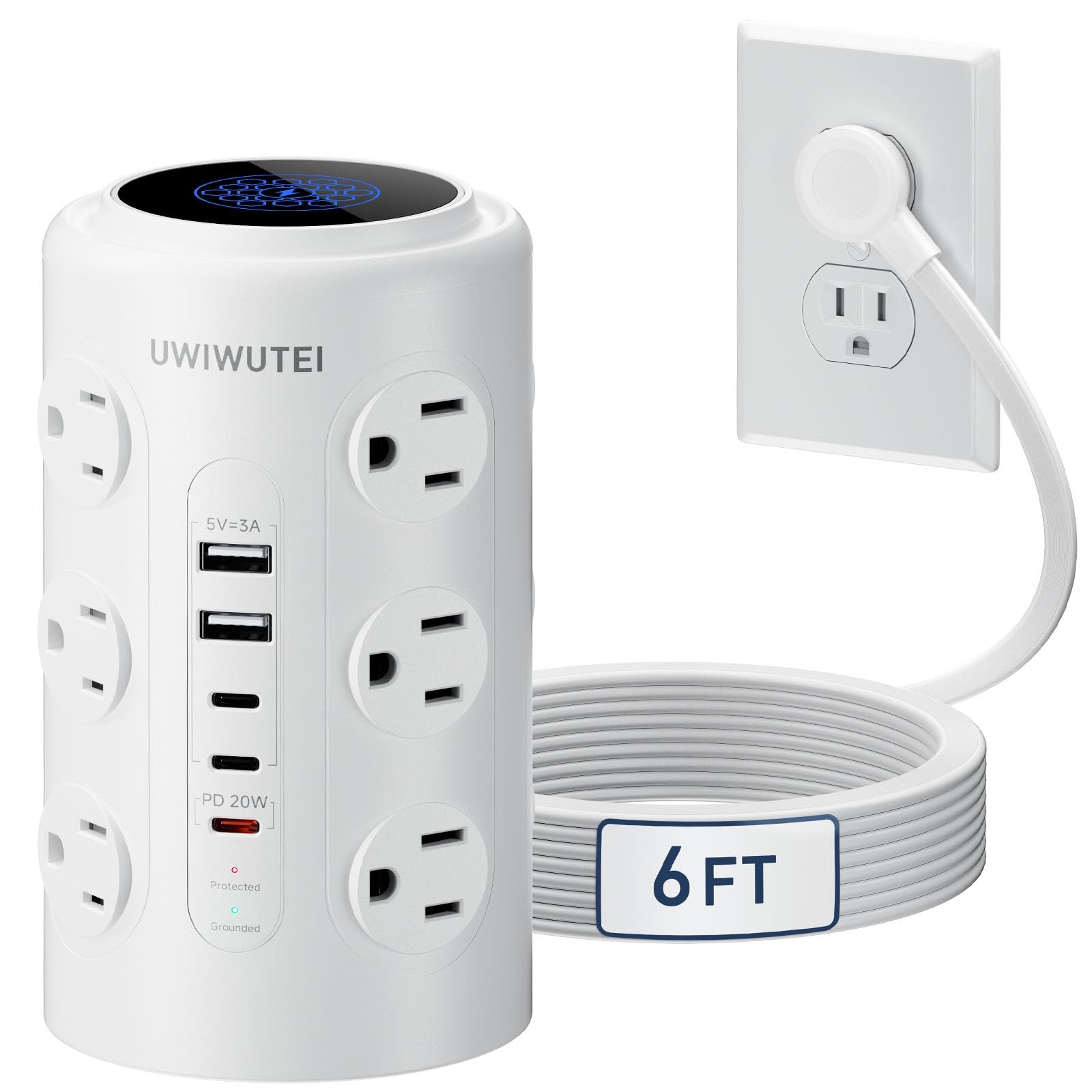 Tower Power Strip with 1 Dedicated PD 20W Fast-Charging Port, 12 Outlets, 5 U...
