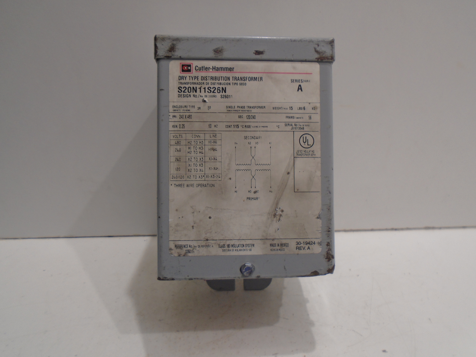CUTLER-HAMMER S20N11S6N SERIES A TRANSFORMER DRY TYPE DISTRIBUTION SINGLE PHASE