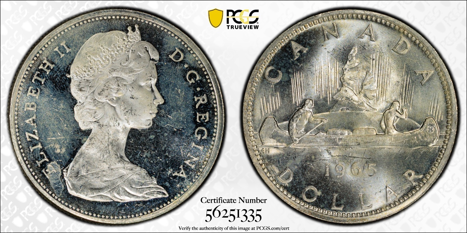 Canada $1 1965 Small Beads, Pointed 5 PCGS MS63 Gold Shield Vintage Silver Coin