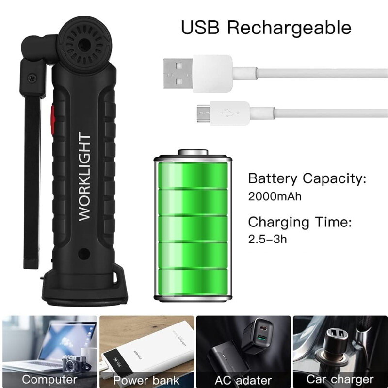 2x USB Rechargeable COB LED Work Light Magnetic Flashlight Hand Lamp Inspection