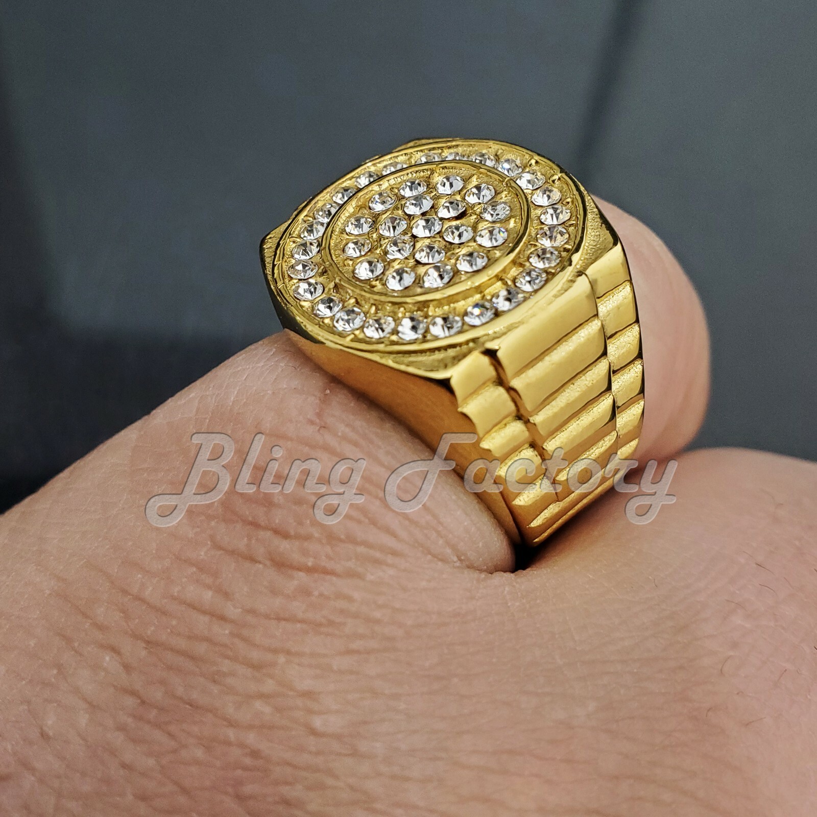 STAINLESS STEEL HIP HOP GOLD TONE CUBIC ZIRCONIA RAPPER PINKY RING SIZE 8~12