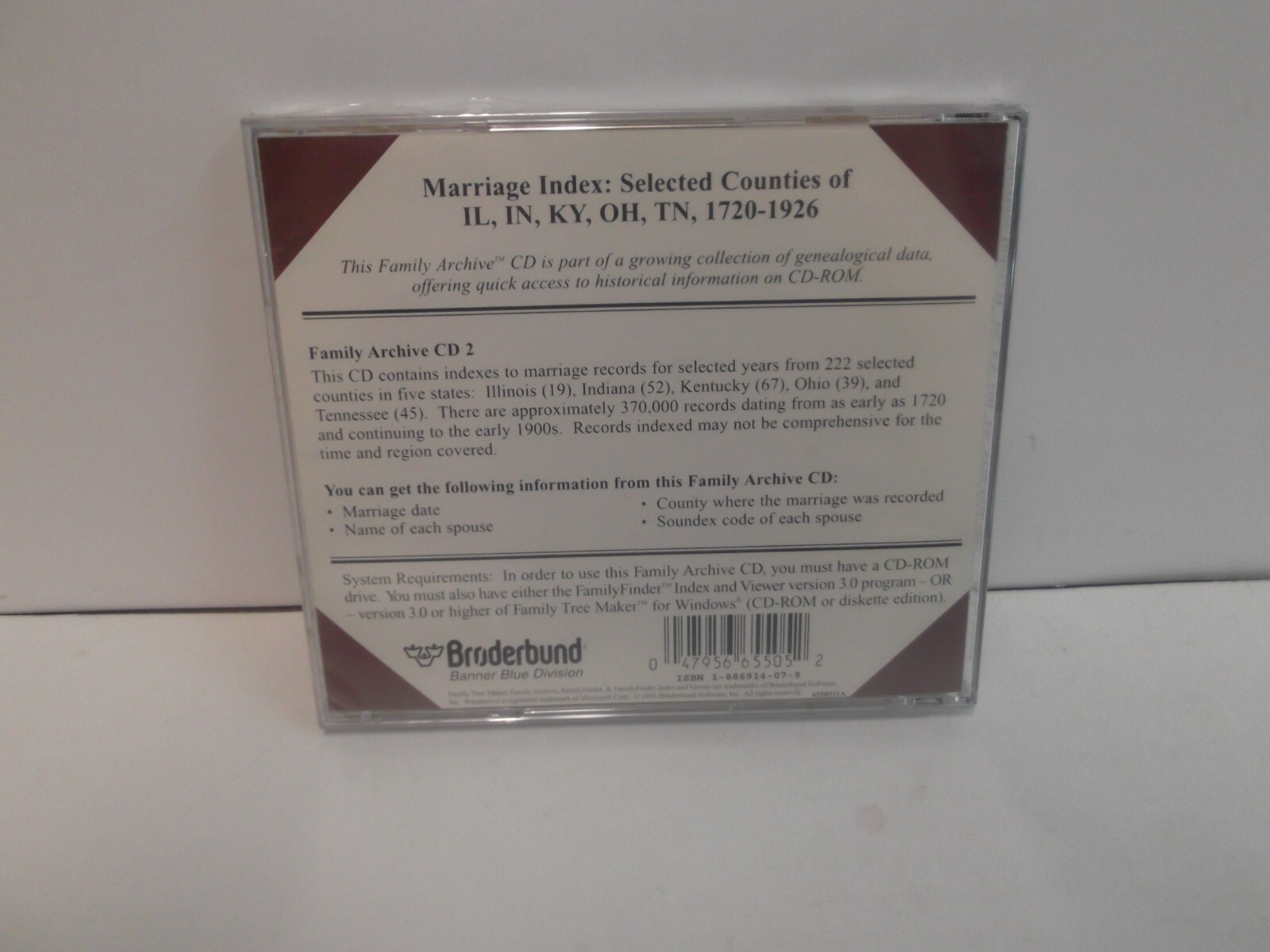 CD Family Tree Maker’s Family Archives Marriage Index: IL IN KY OH TN 1720-1926