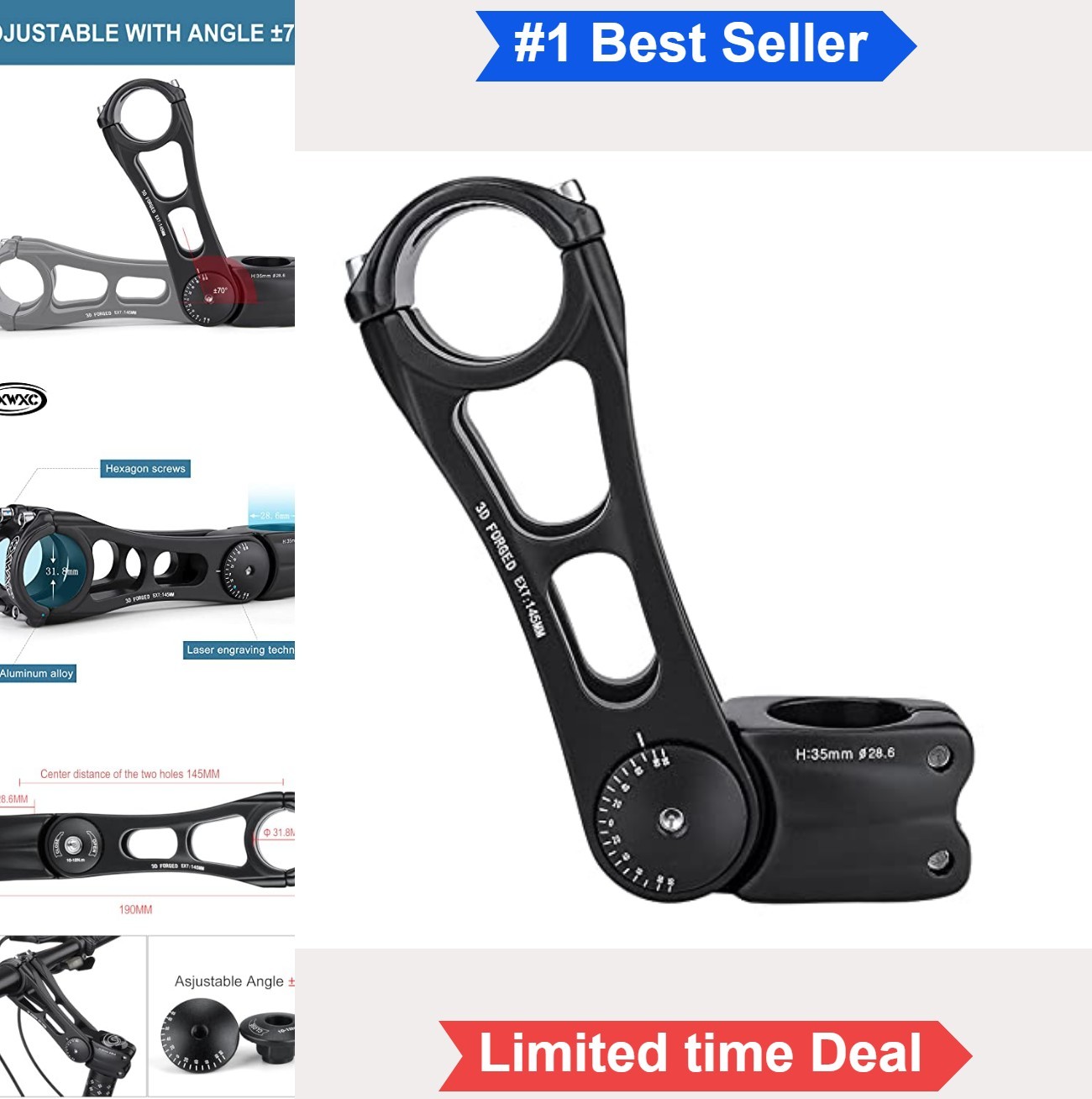 Adjustable Bike Stem 31.8mm 28.6mm 70 Degree 90 110 145mm Aluminum Alloy