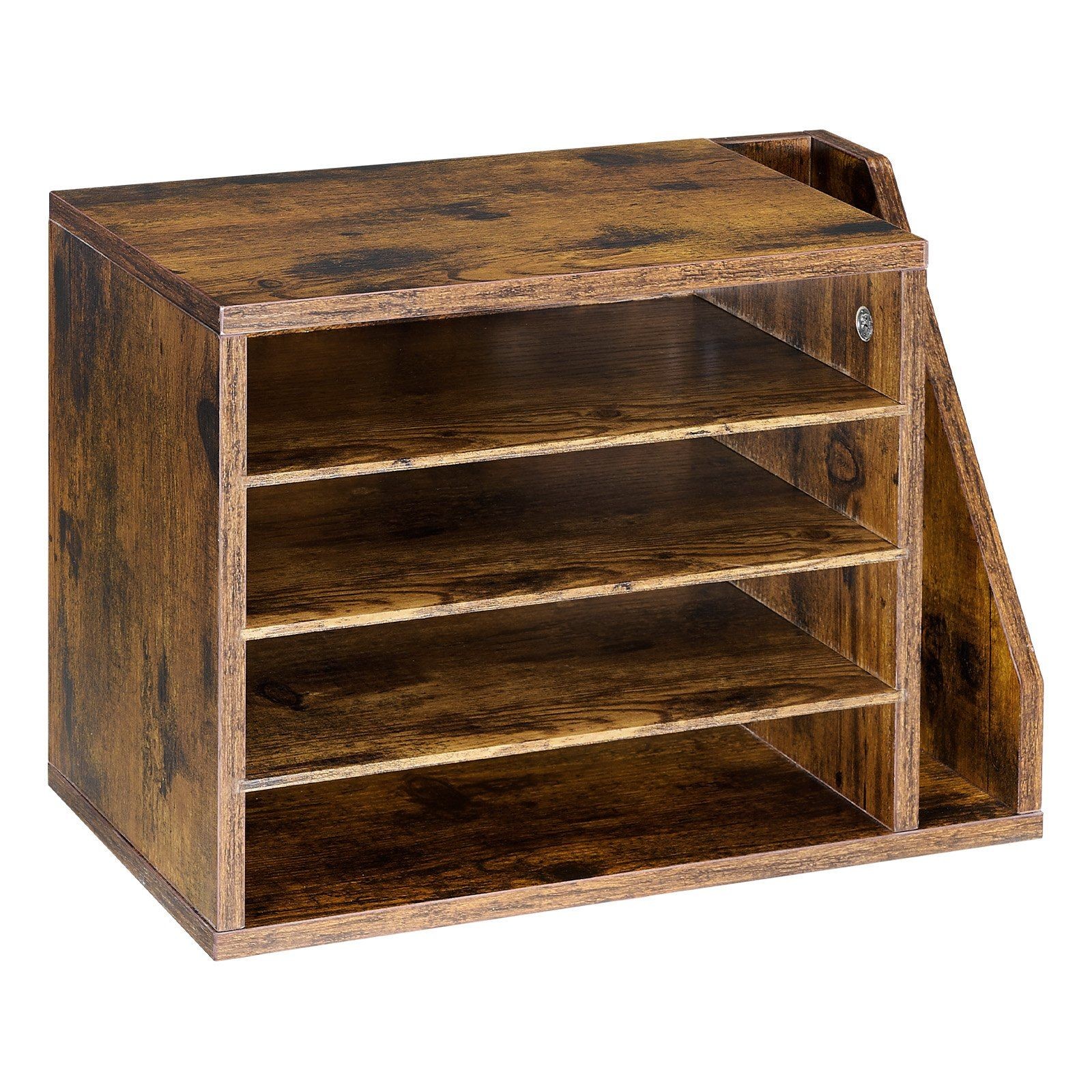 Brown Wooden File Organizer with 4 Compartments & Vertical Side Storage