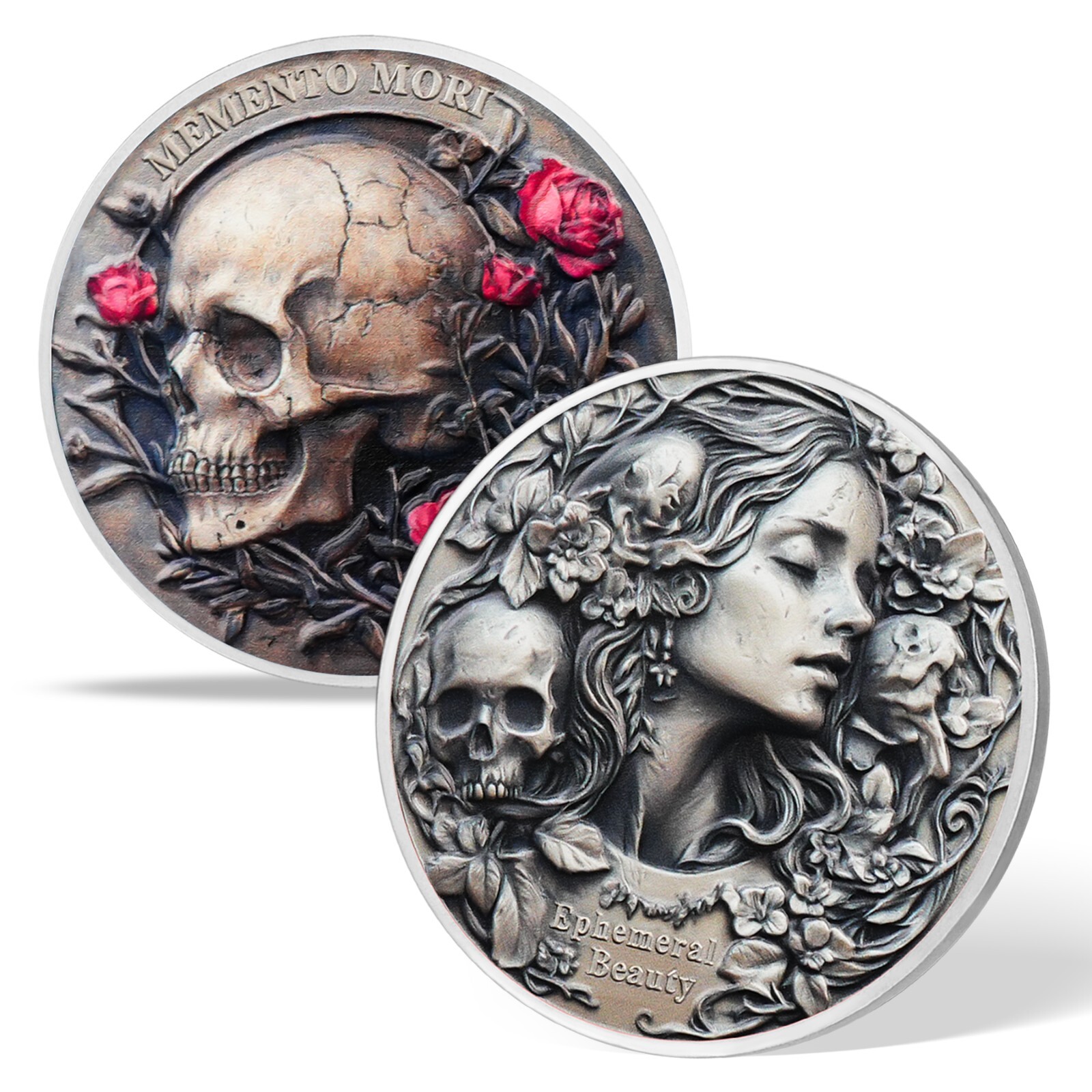 Rose Skull Memento Mori Coin Ephemeral Beauty Themed Daily Stoic Challenge Coin