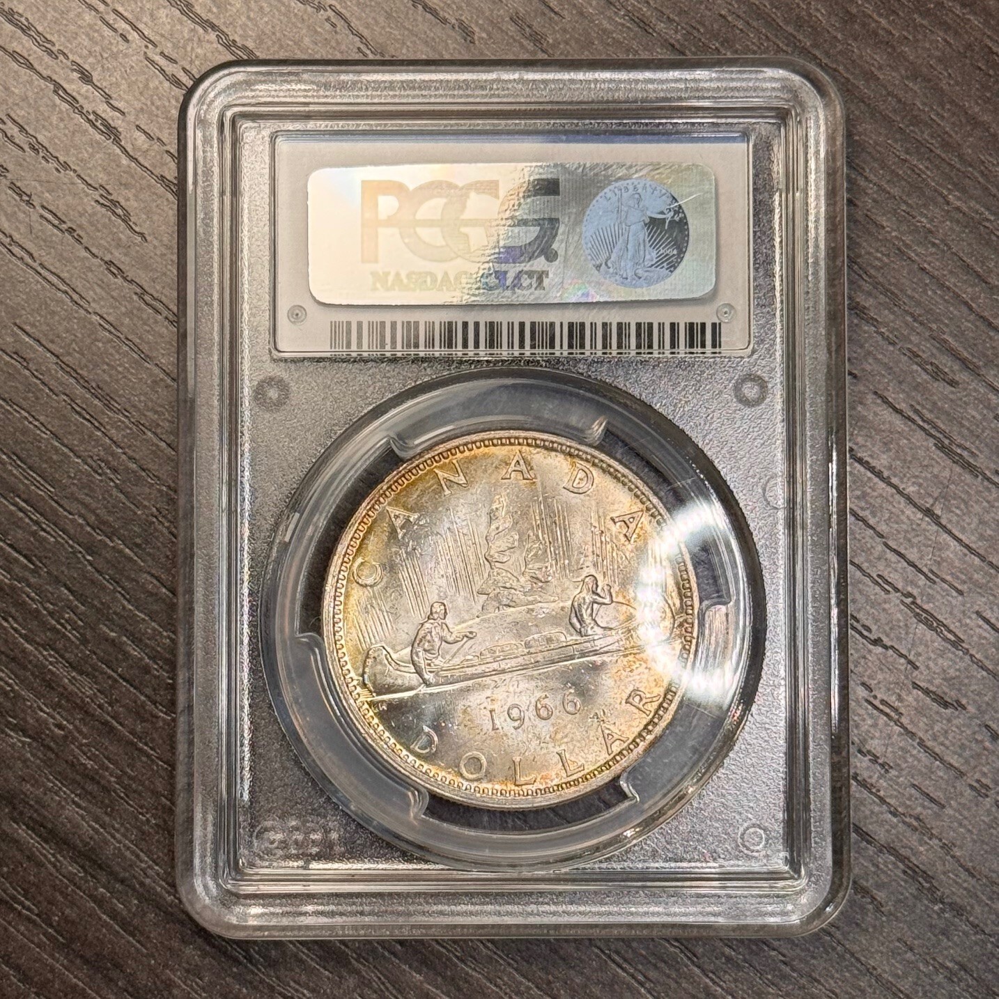 MS64 1966 $1 Canada Voyageur Silver Dollar, PCGS Trueview- Rainbow Toned
