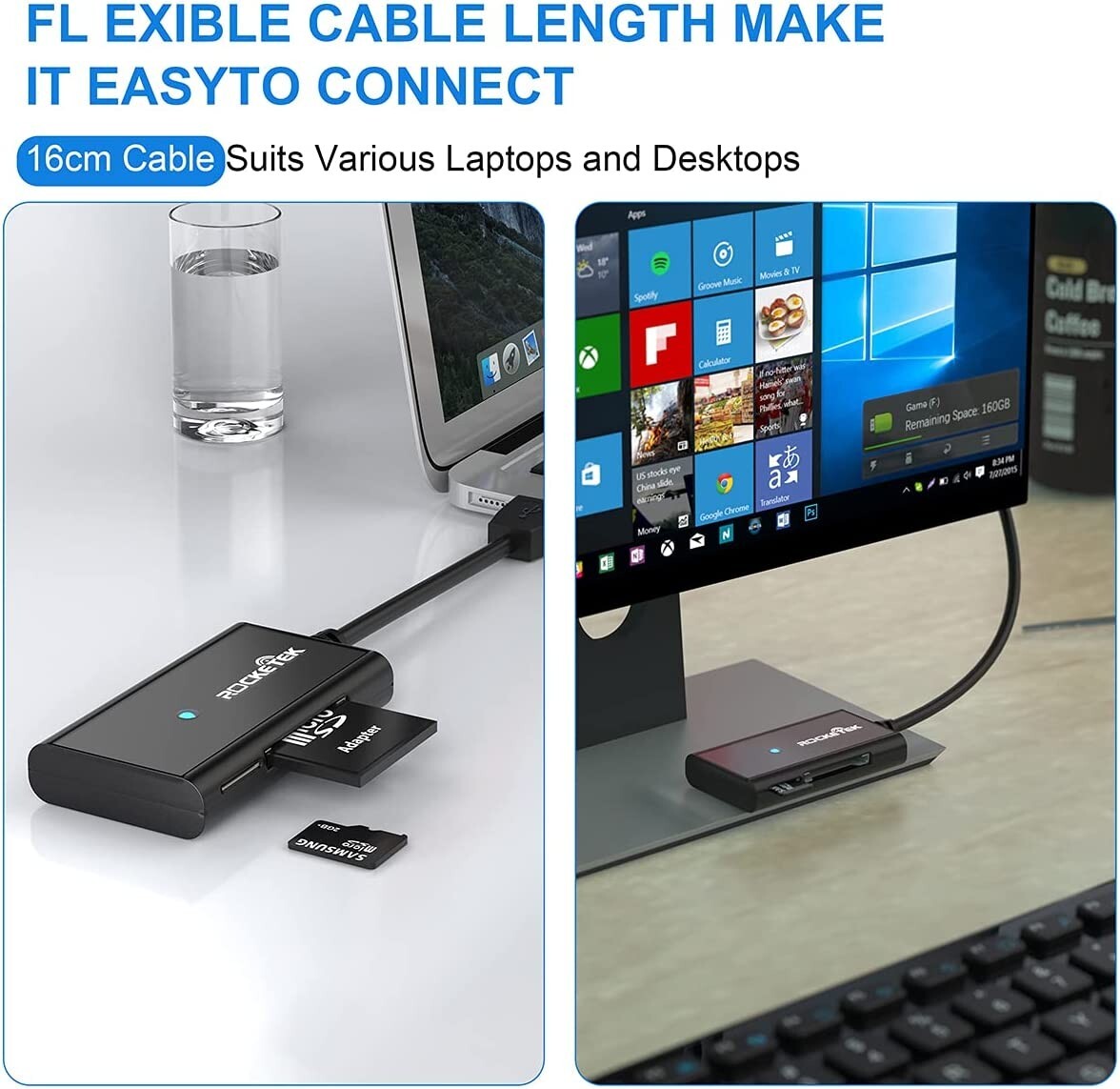 USB 3.0 SD Card Reader, Rocketek 4 Slots Memory Card Reader with a 13CM Flexible