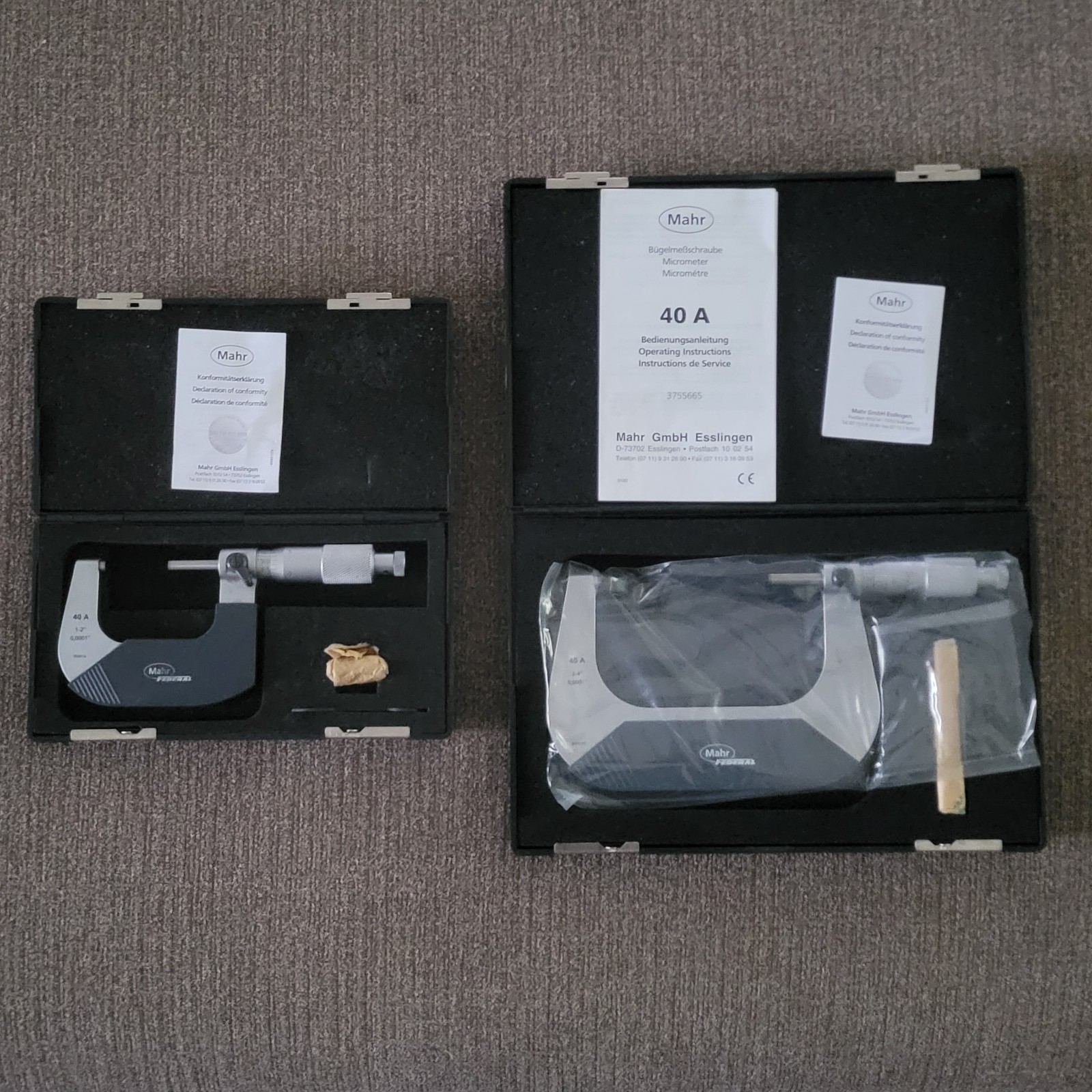 Set of (2) Mahr Micrometers - 40A 1 - 2” & 40A 3-4" .0001 Micrometer