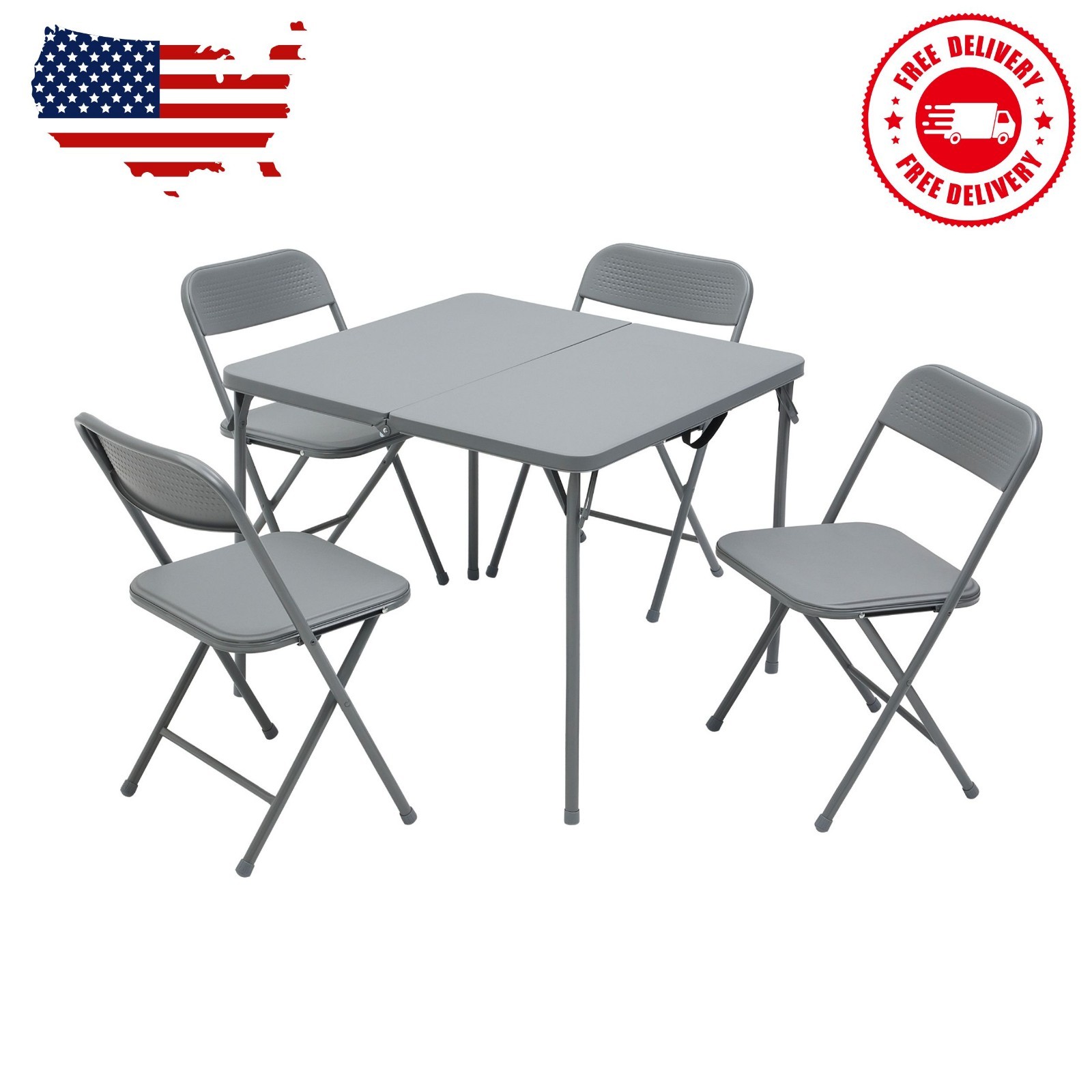 5 Piece Resin Card Folding Table and Four Folding Chairs Set, Gray