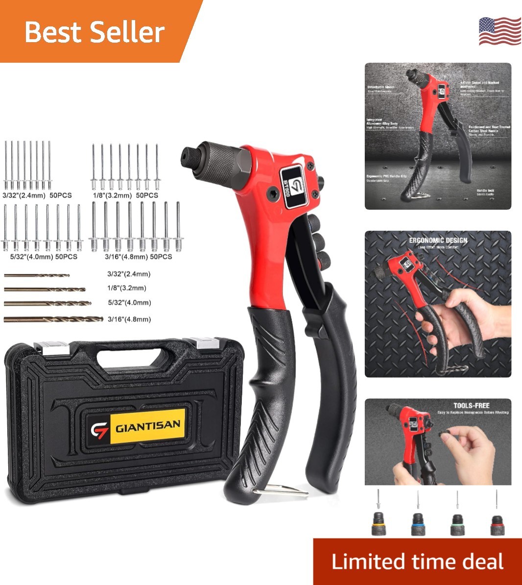 Versatile Pop Rivet Tool Kit: 200 Rivets, 4 Interchangeable Bits, & Carry Case
