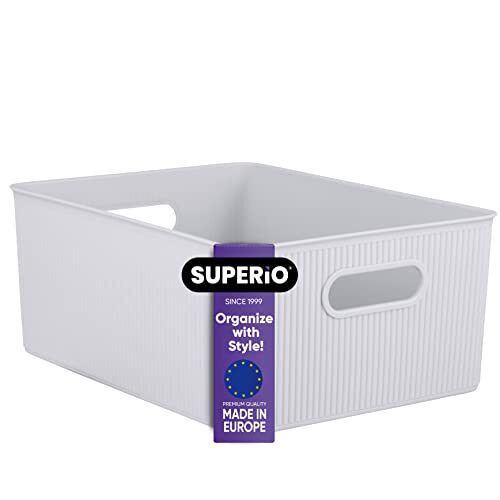 Superio Medium White Smoke Ribbed Storage Bin, Plastic Storage Basket (15 Liter)