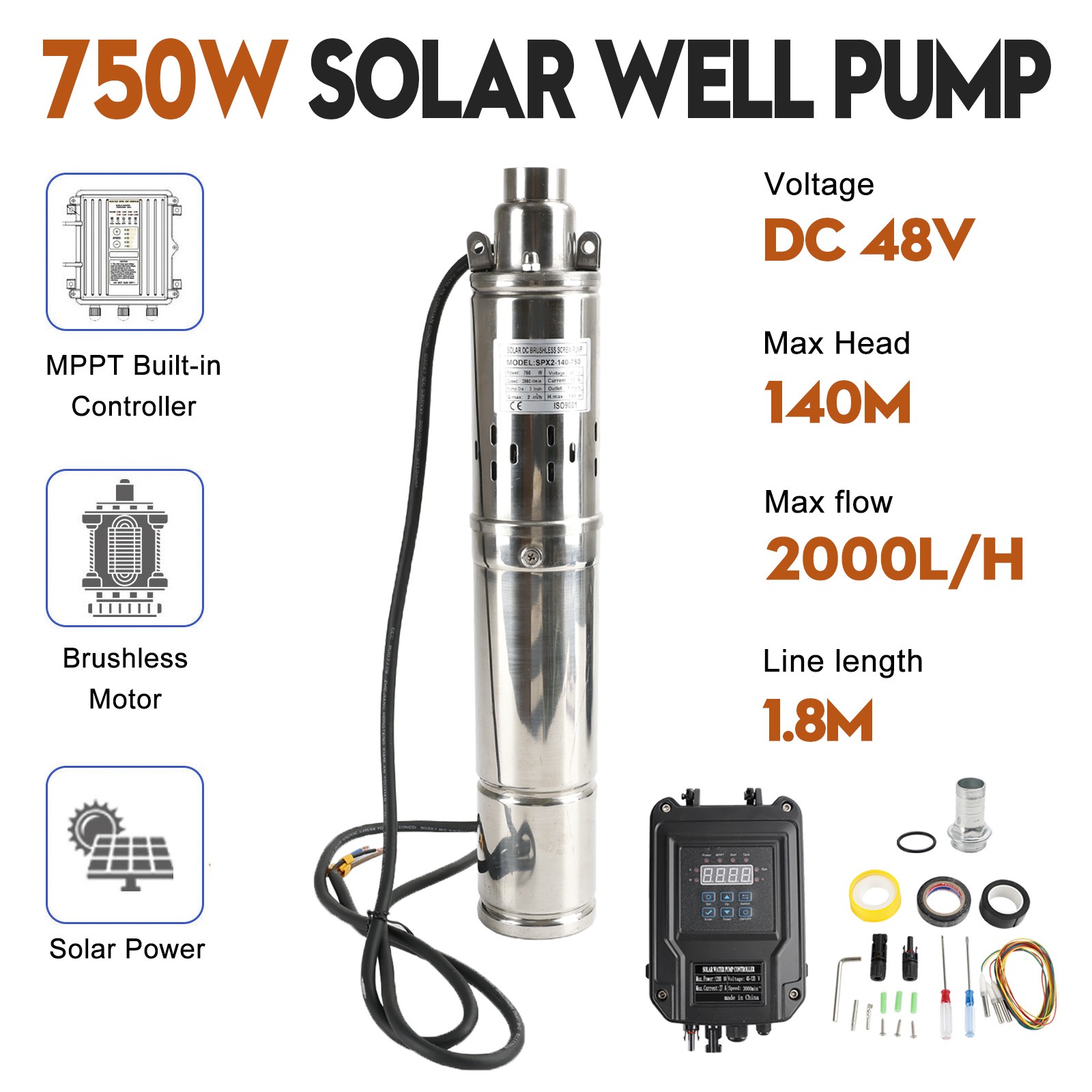 3" 48V 750W Deep Well Solar Submersible Bore Hole Water Pump Head 140M #4
