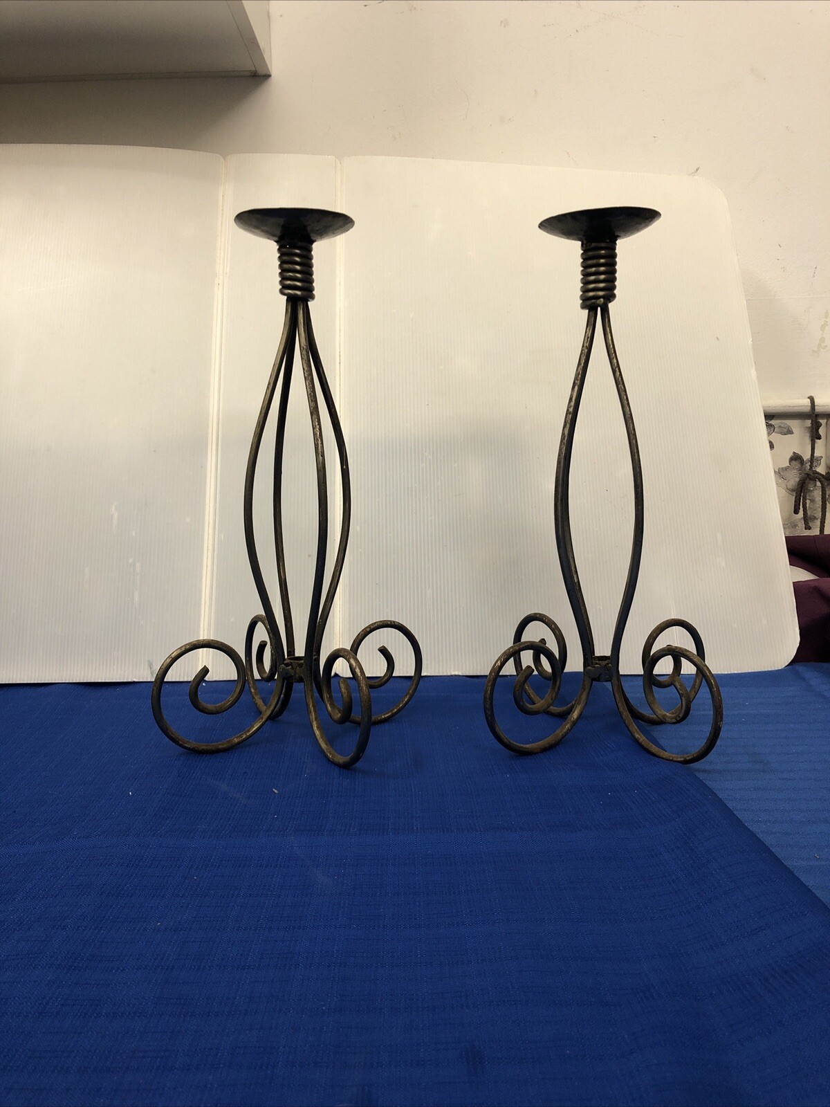 Pair Of Artisan Steel Metal Candlestick French Country Farmhouse 39 cm