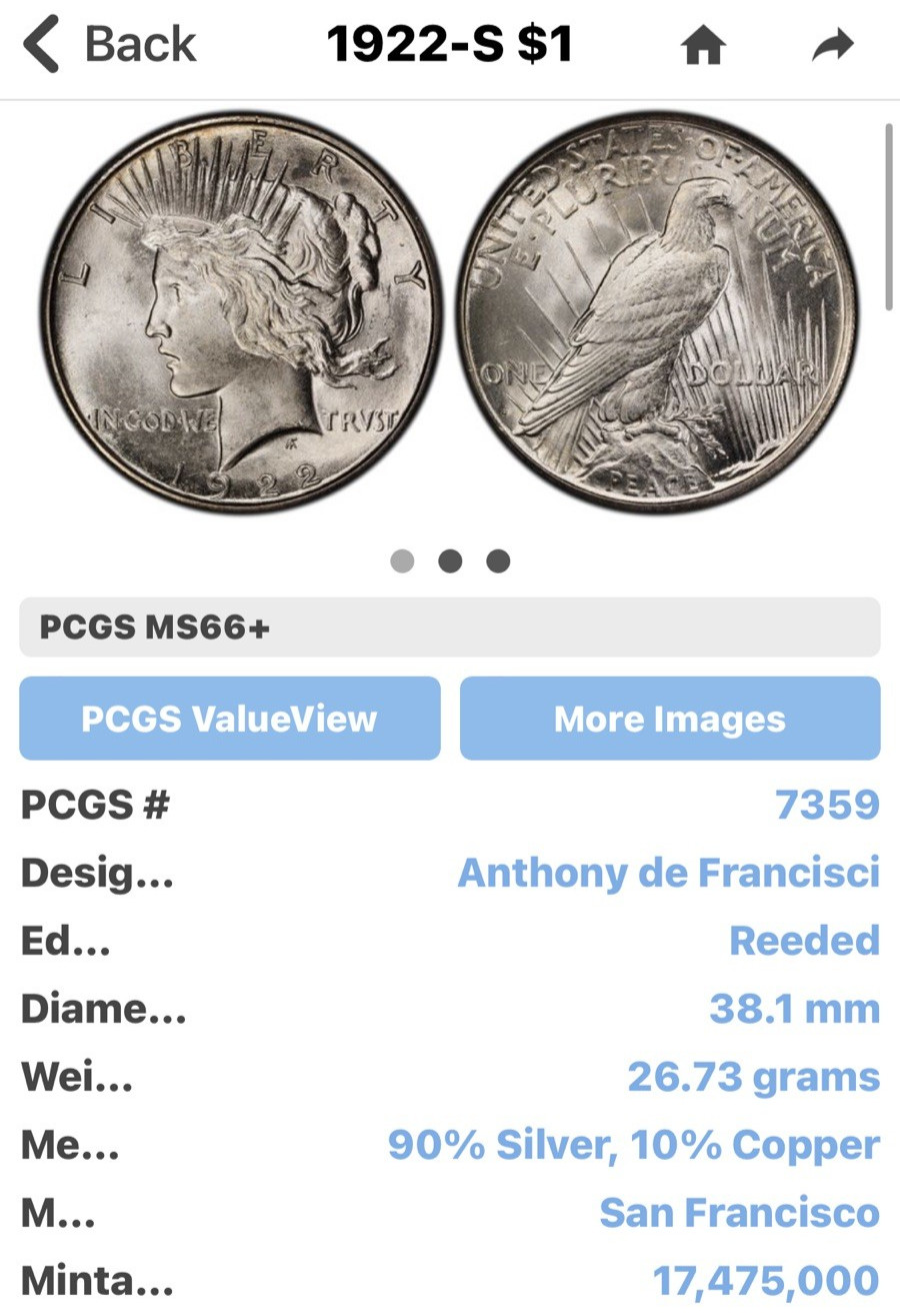 1922 S Peace "ANACS MS62"🔥LUSTER, STUNNING & BEAUTIFUL/ EXTREMELY NICE💥✅