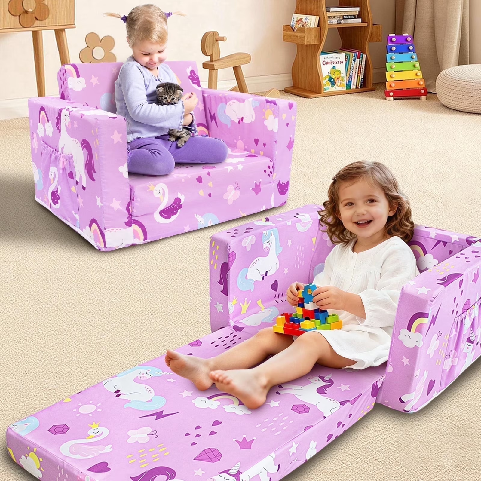 Toddler Sofa, 2-In-1 Unicorn Flip Open Toddler Couch, with Side Pocket, for Ages