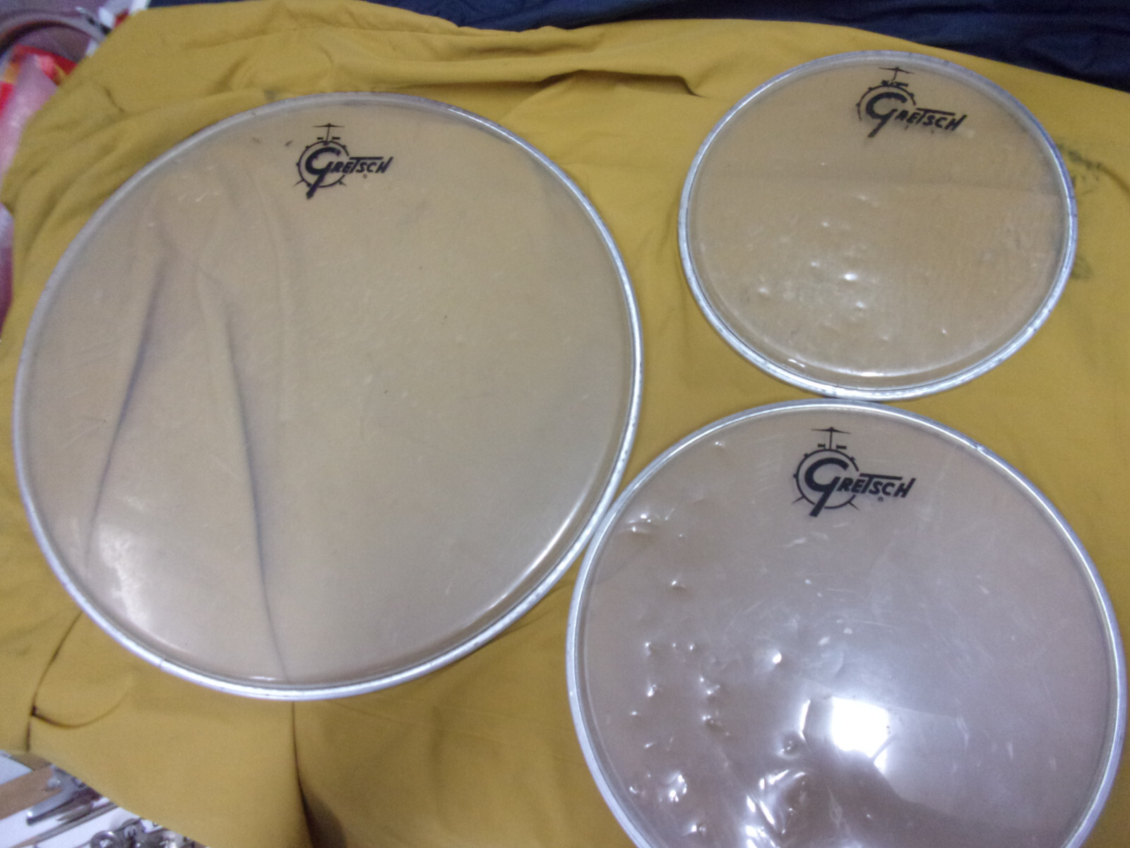 Gretsch Logo lot of 3 Batter Clear drum heads 8" 10" 14" well used practice head