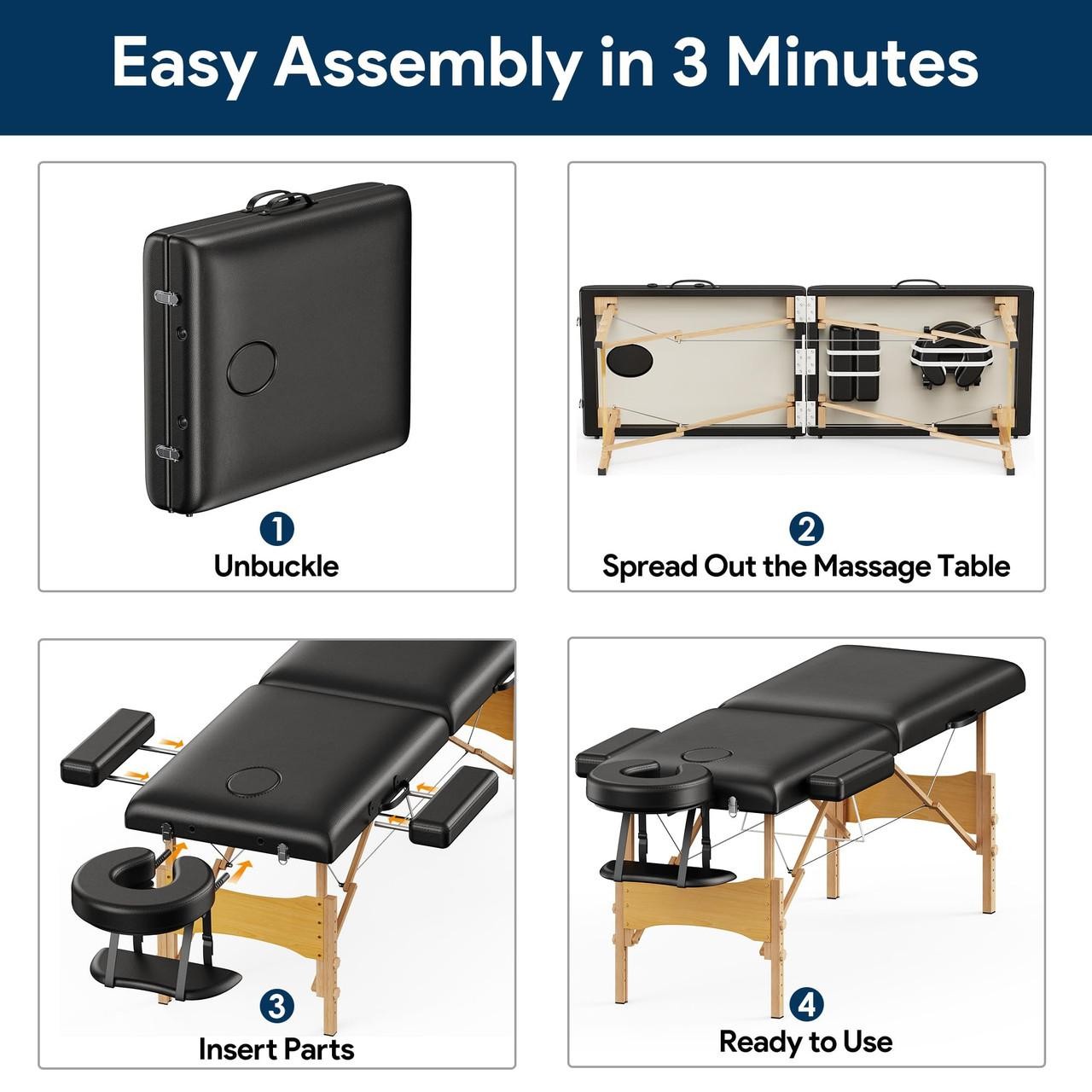 Massage Table Portable Wooden Lash Bed 24" Wide Adjustable Height 2-Fold