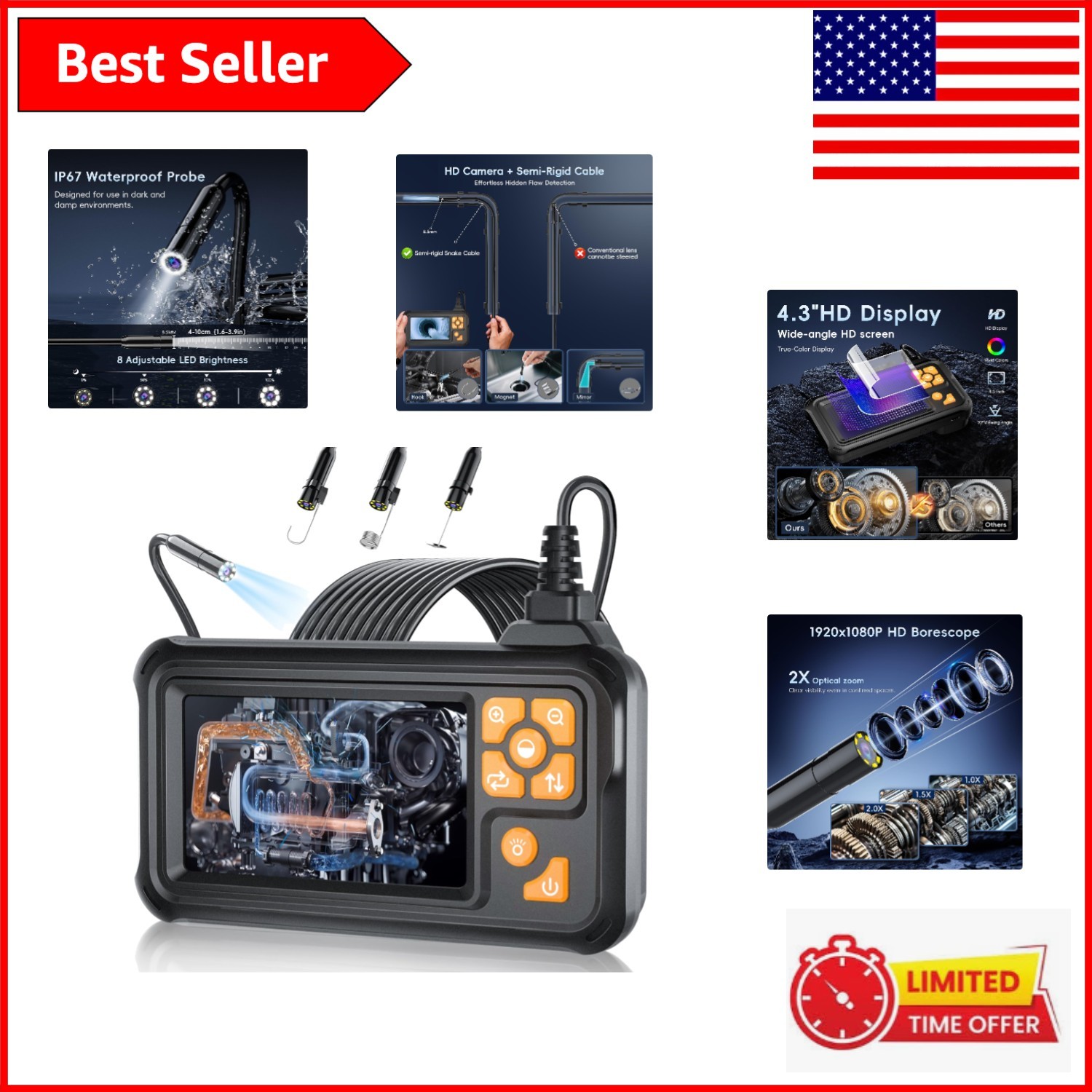 Versatile 32.8FT Industrial Inspection Camera - 1080P with Bright LED Lights