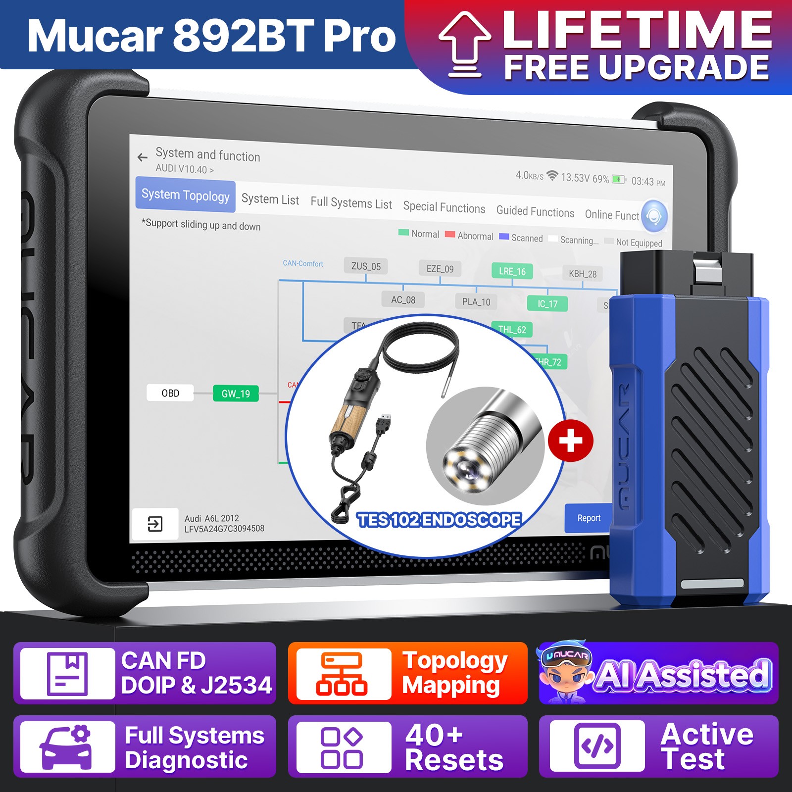 MUCAR 892BT PRO OBD2 Car Scanner Diagnostic Topology Map with TES102 Videoscope
